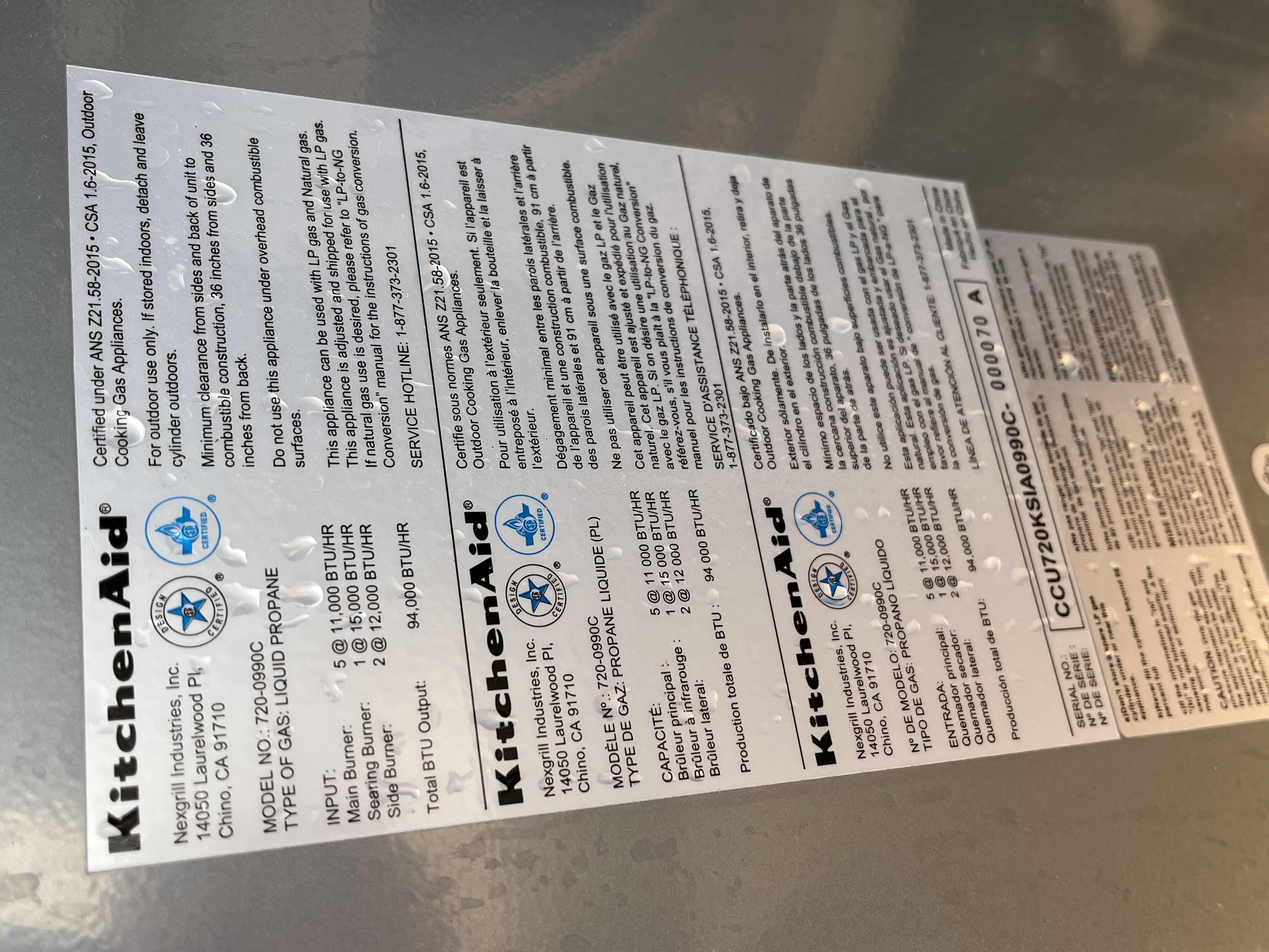 Photo 1 of KITCHEN AID STAINLESS STEEL PROPANE GRILL BBQ W SIDE BURNERS & UTENSILS MODEL 720-0990C