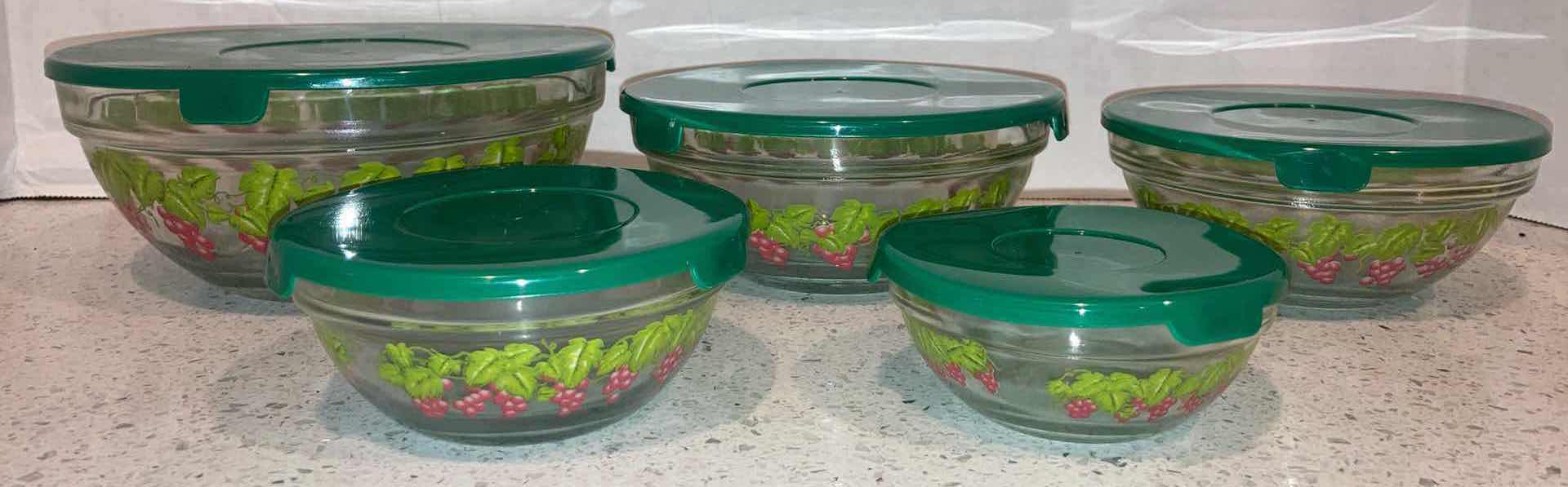 Photo 1 of GRAPE VINE GLASS STORAGE BOWL SET W GREEN LID 5OZ-32OZ (SET OF 5)