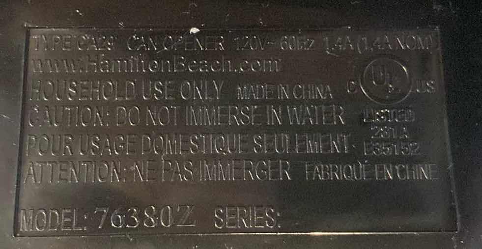 Photo 1 of HAMILTON BEACH CLASSIC ELECTRIC CAN OPENER MODEL 76380Z