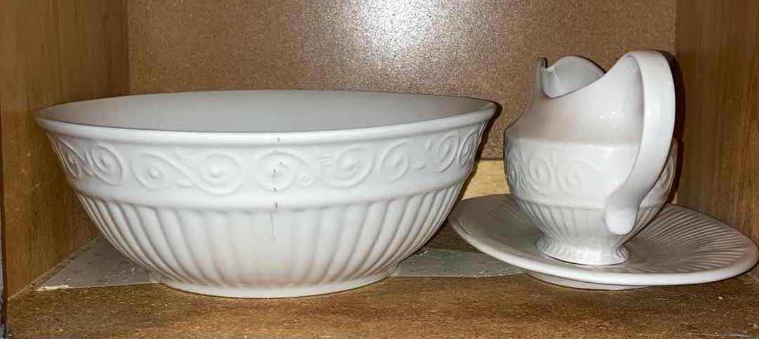Photo 1 of CONTENTS OF CABINET- GIBSON WHITE CERAMIC CUPS, LARGE BOWL & GRAVY DISH