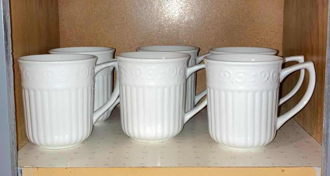 Photo 1 of CONTENTS OF CABINET- GIBSON WHITE CERAMIC CUPS, LARGE BOWL & GRAVY DISH