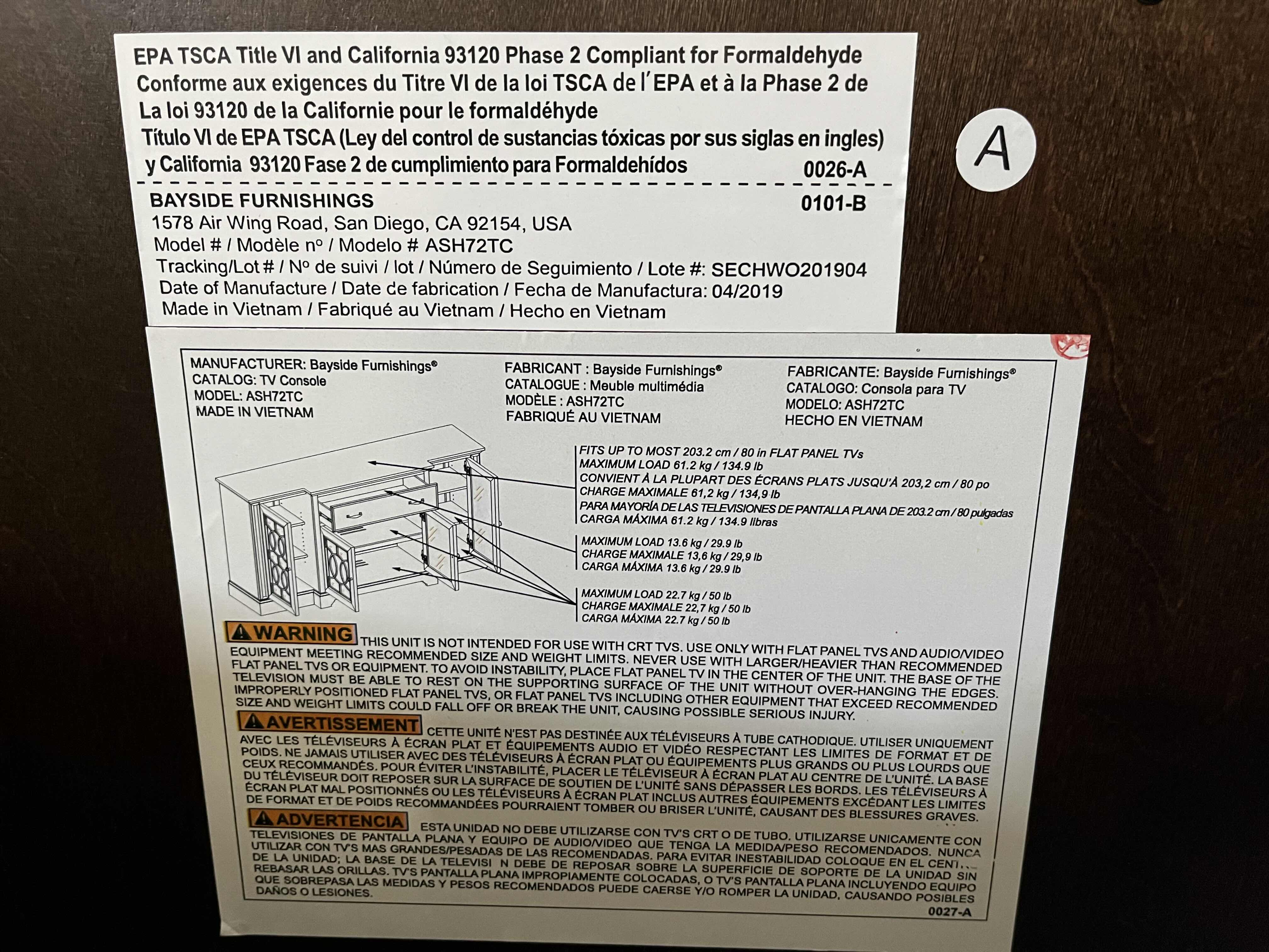 Photo 1 of BAYSIDE FURNISHINGS ASHCROFT DARK MAHOGANY FINISH TV CONSOLE MODEL ASH72YC 72” X 20” H36.5”