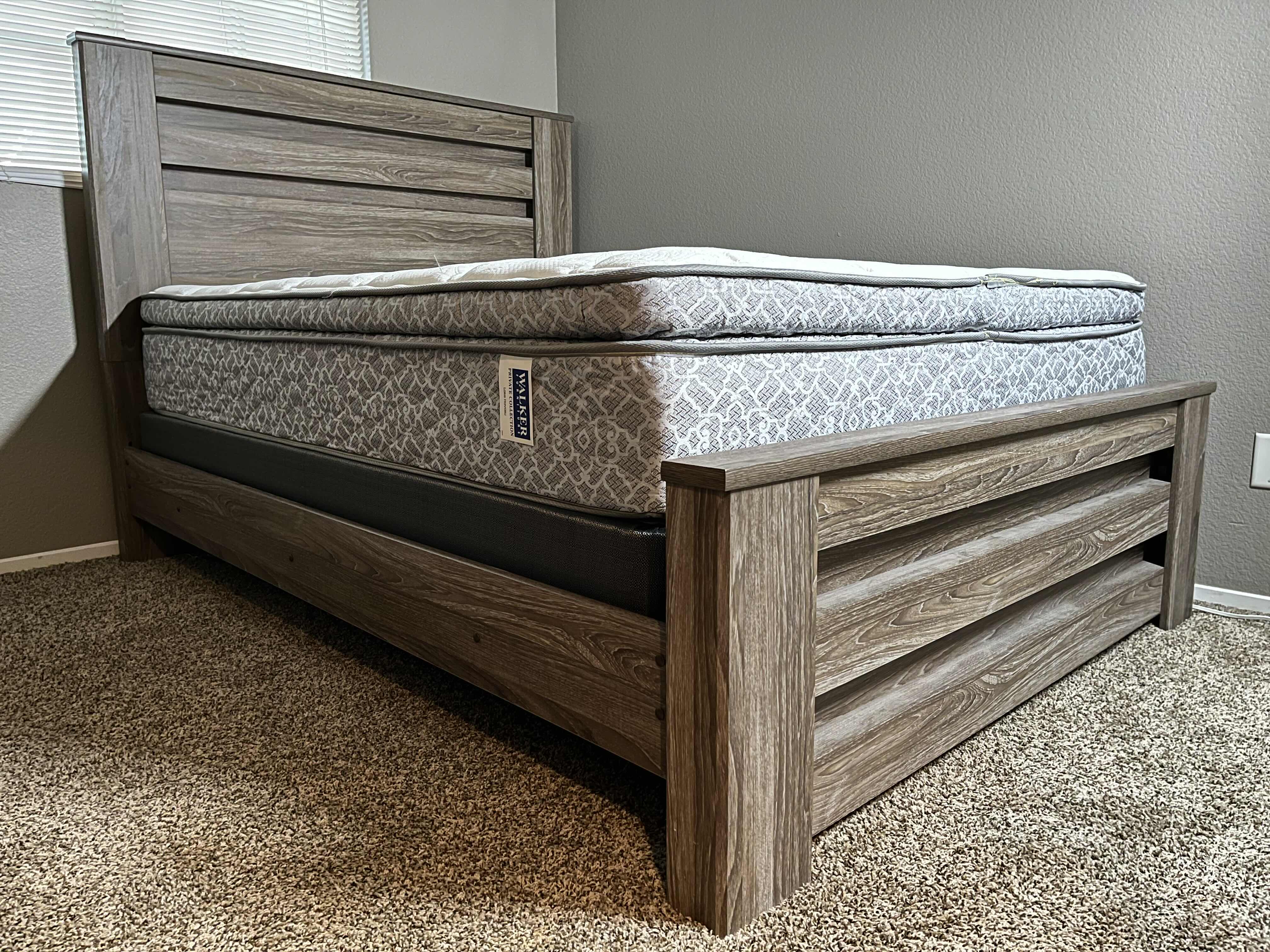 Photo 1 of ASHLEY FURNITURE ZELEN QUEEN SIZE PANEL BED SET W BEDDING, WALKER FURNITURE PILLOW TOP MATTRESS & BOX SPRING