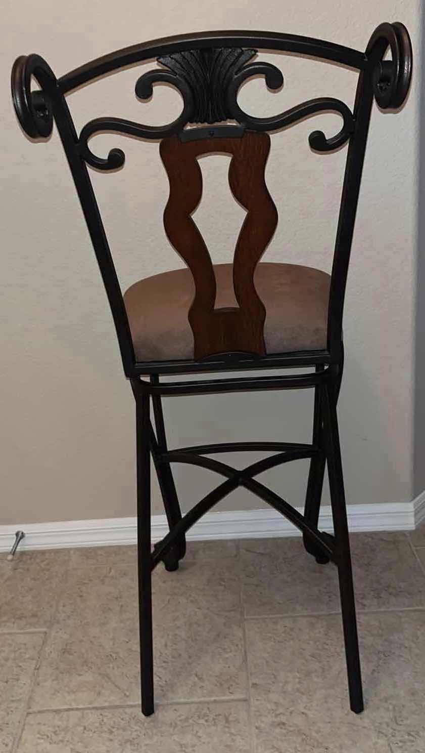 Photo 1 of BRONZE SCROLLED METAL SWIVEL HIGH BACK COUNTER STOOL W FABRIC SEAT & WOOD ACCENTS 25” X 19” H45.5”