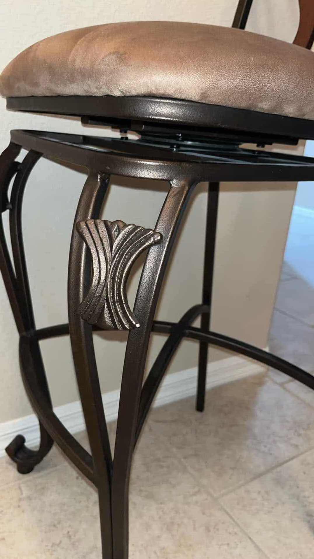 Photo 1 of BRONZE SCROLLED METAL SWIVEL HIGH BACK COUNTER STOOL W FABRIC SEAT & WOOD ACCENTS 25” X 19” H45.5”