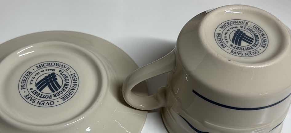 Photo 1 of LONGABERGER POTTERY WOVEN TRADITIONS CLASSIC BLUE FLAT CUP & SAUCER SET (4 SETS)