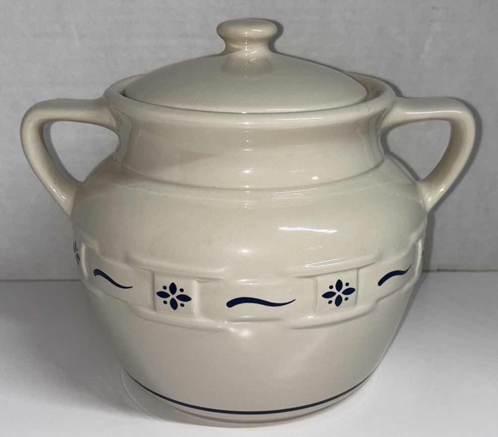 Photo 1 of LONGABERGER POTTERY WOVEN TRADITIONS CLASSIC BLUE COOKIE JAR & LID H8”