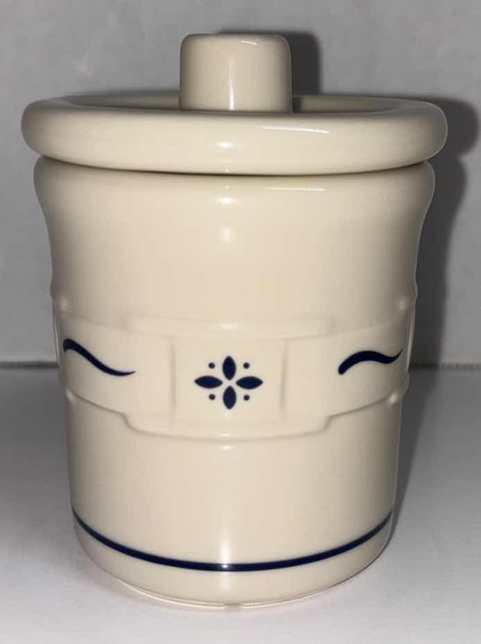 Photo 1 of LONGABERGER POTTERY WOVEN TRADITIONS CLASSIC BLUE CONDIMENT JAR & LID 3” X 4”
