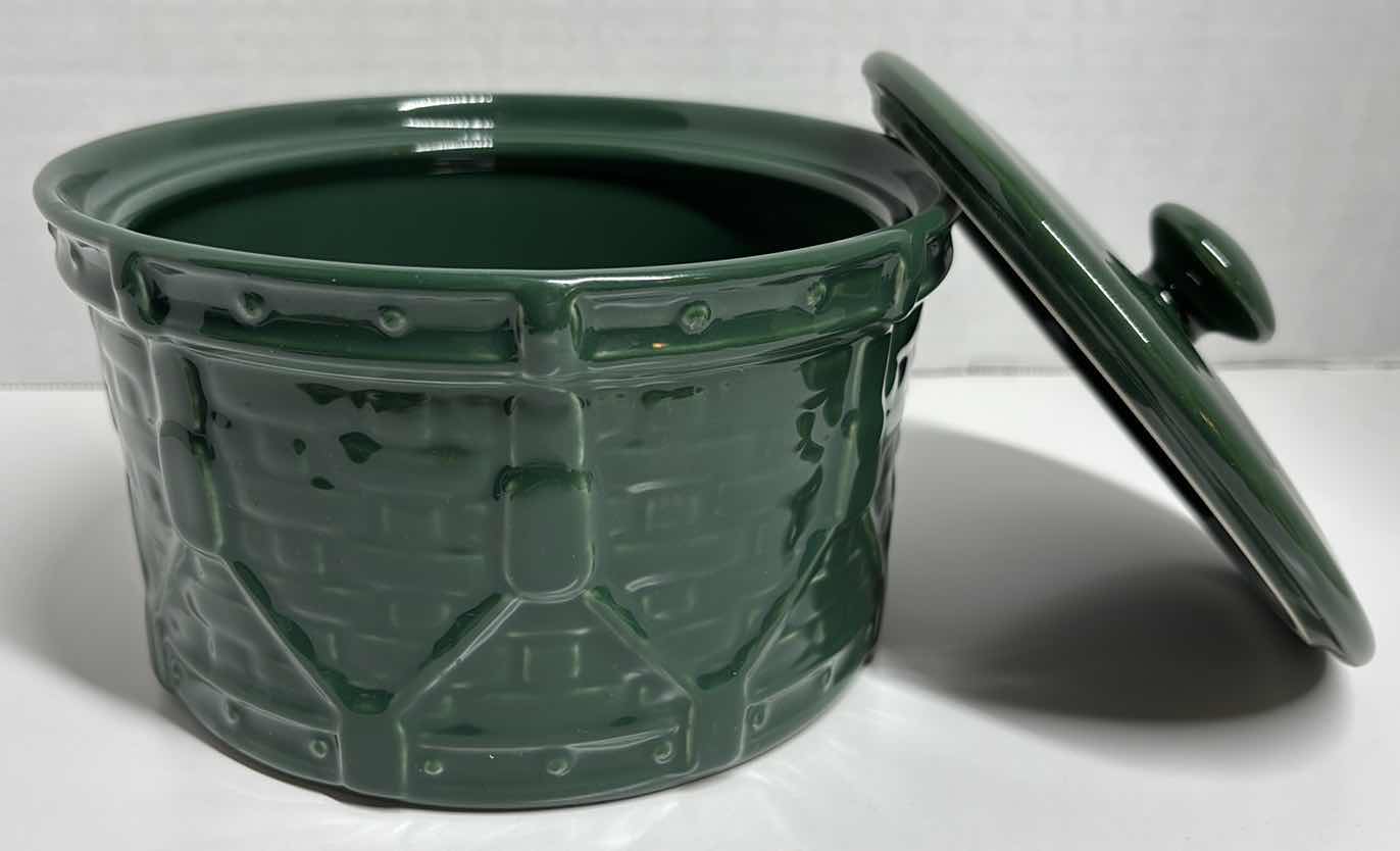 Photo 1 of LONGABERGER POTTERY WOVEN DRUM COLLECTION IN IVY GREEN 4” STORAGE CROCK & LID 7” X 5.25”