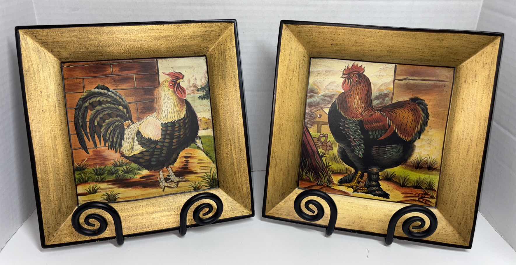 Photo 1 of CERAMIC 10” X 10” ROOSTER PLATES WITH WROUGHT IRON STANDS (2)
