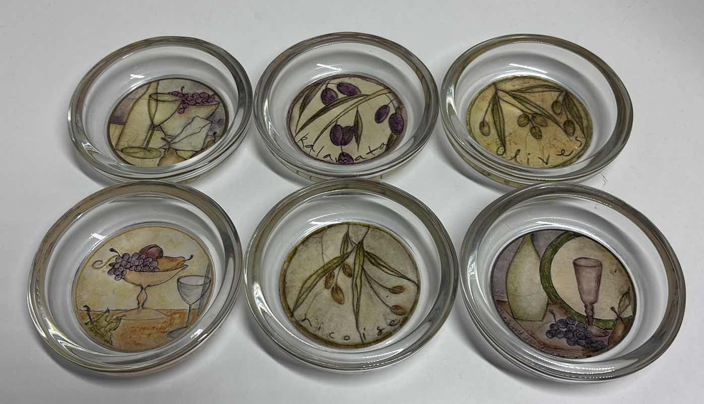 Photo 1 of CLAY COMPANY GLASS OLIVE OIL DIPPING BOWLS W CORK BACKING, SET OF 6 (3.75” X 1”)