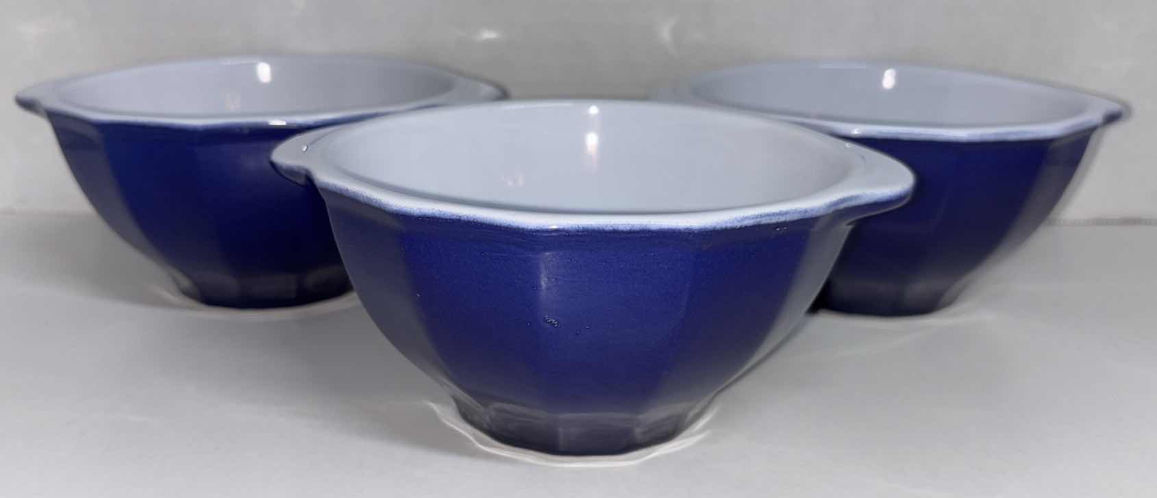 View 1 of EMILE HENRY COBALT BLUE/WHITE STONEWARE BOWL W TAB HANDLES SET OF 3 (5.25” X 2.75”)