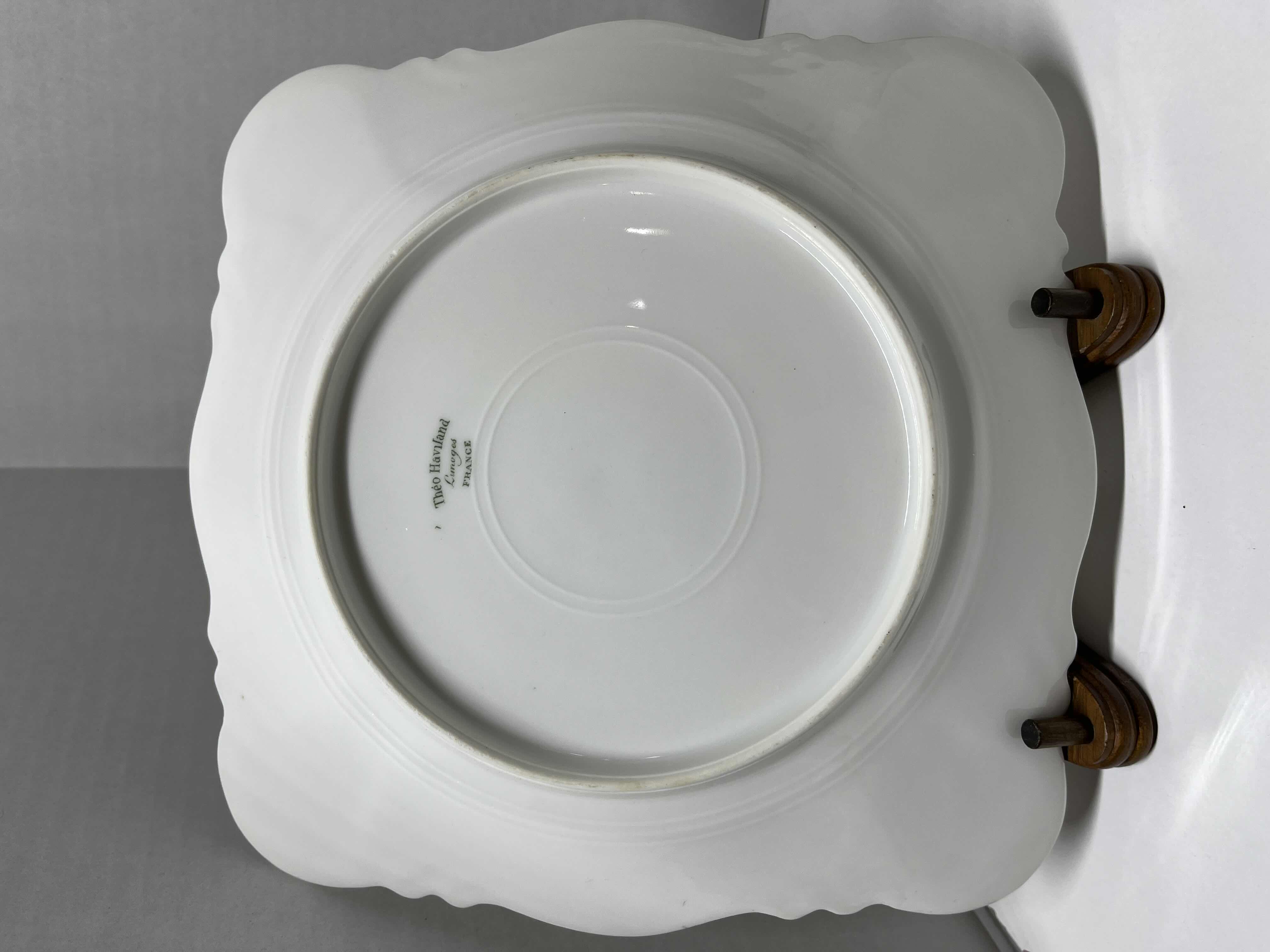 Photo 1 of ANTIQUE THEODORE HAVILAND LIMOGES FRANCE PINK, GREEN & GOLD EMBOSSED FLORAL DESIGN FINE CHINA PLATE SET (3) W WOOD DISPLAY STANDS (3)