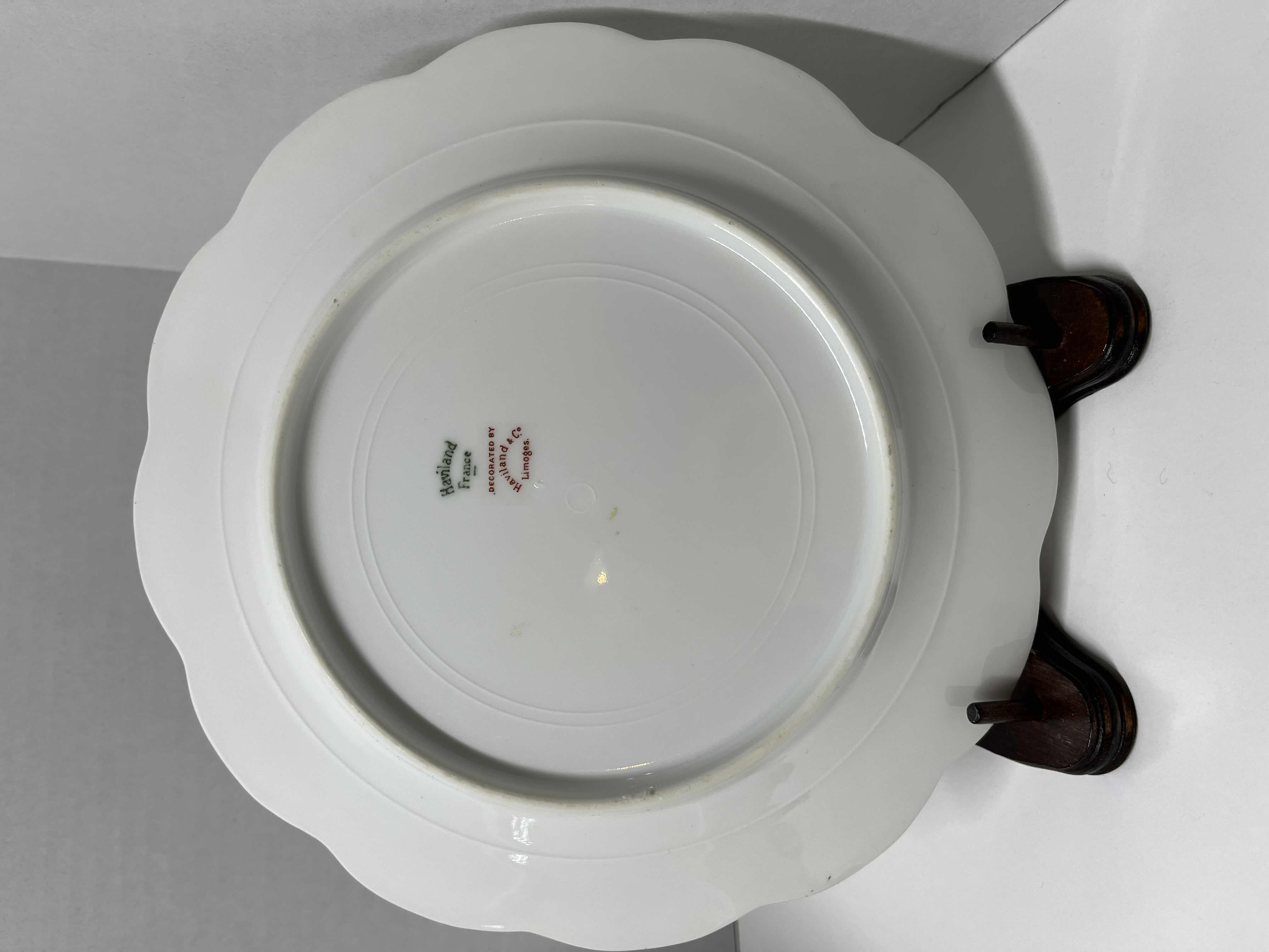 Photo 1 of ANTIQUE THEODORE HAVILAND LIMOGES FRANCE PINK, GREEN & GOLD EMBOSSED FLORAL DESIGN FINE CHINA PLATE SET (3) W WOOD DISPLAY STANDS (3)