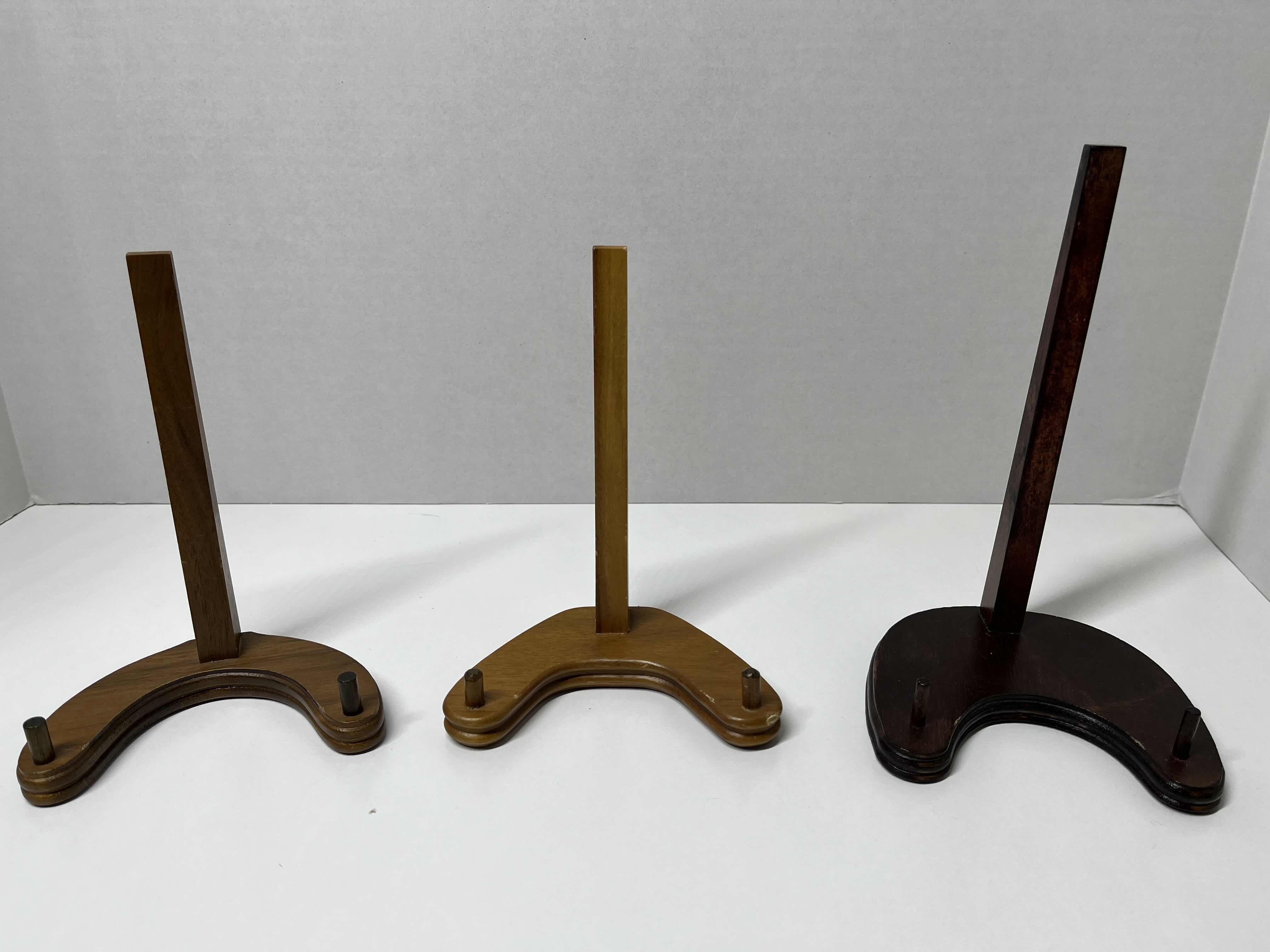 Photo 1 of ANTIQUE THEODORE HAVILAND LIMOGES FRANCE PINK, GREEN & GOLD EMBOSSED FLORAL DESIGN FINE CHINA PLATE SET (3) W WOOD DISPLAY STANDS (3)