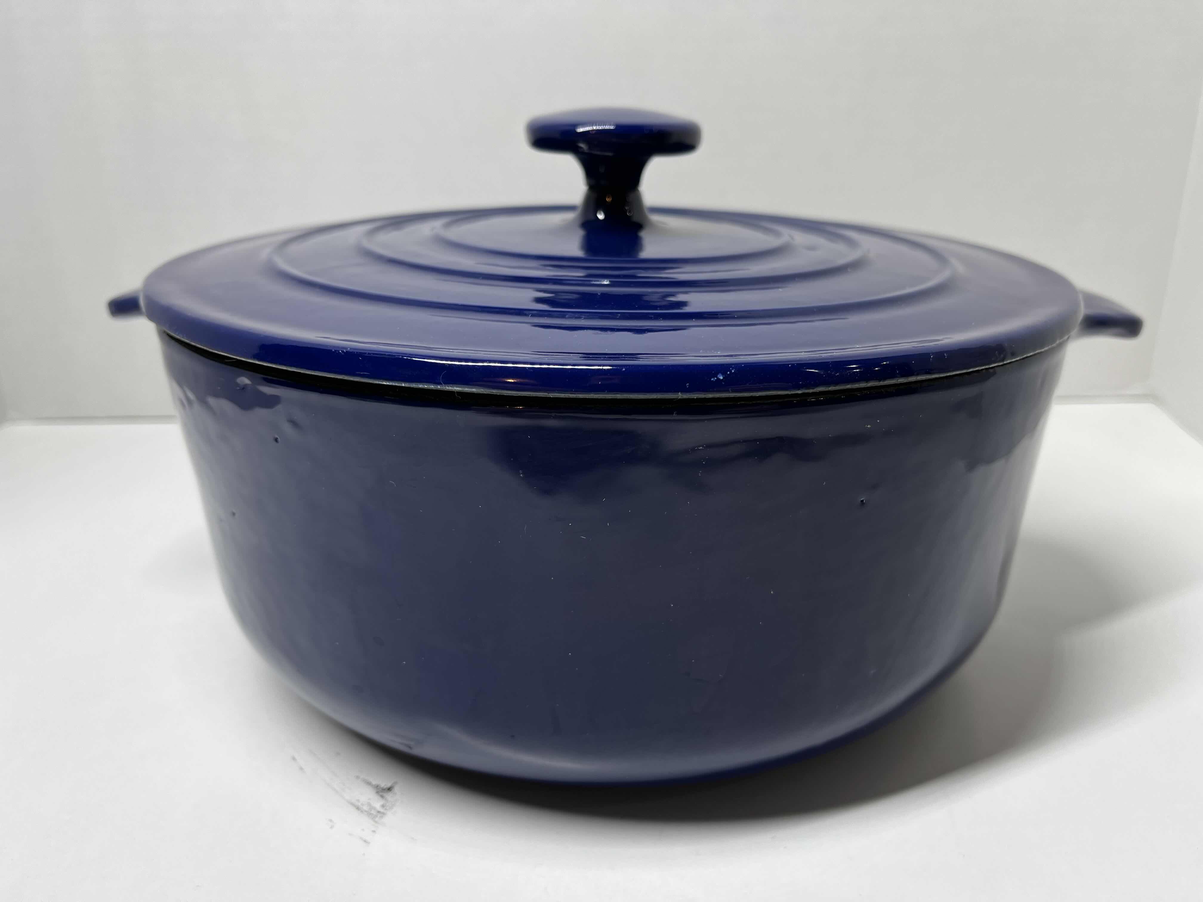 Photo 3 of HEAVY DUTY DARK BLUE ENAMELED CAST IRON DUTCH OVEN POT W LID 10” X 4”