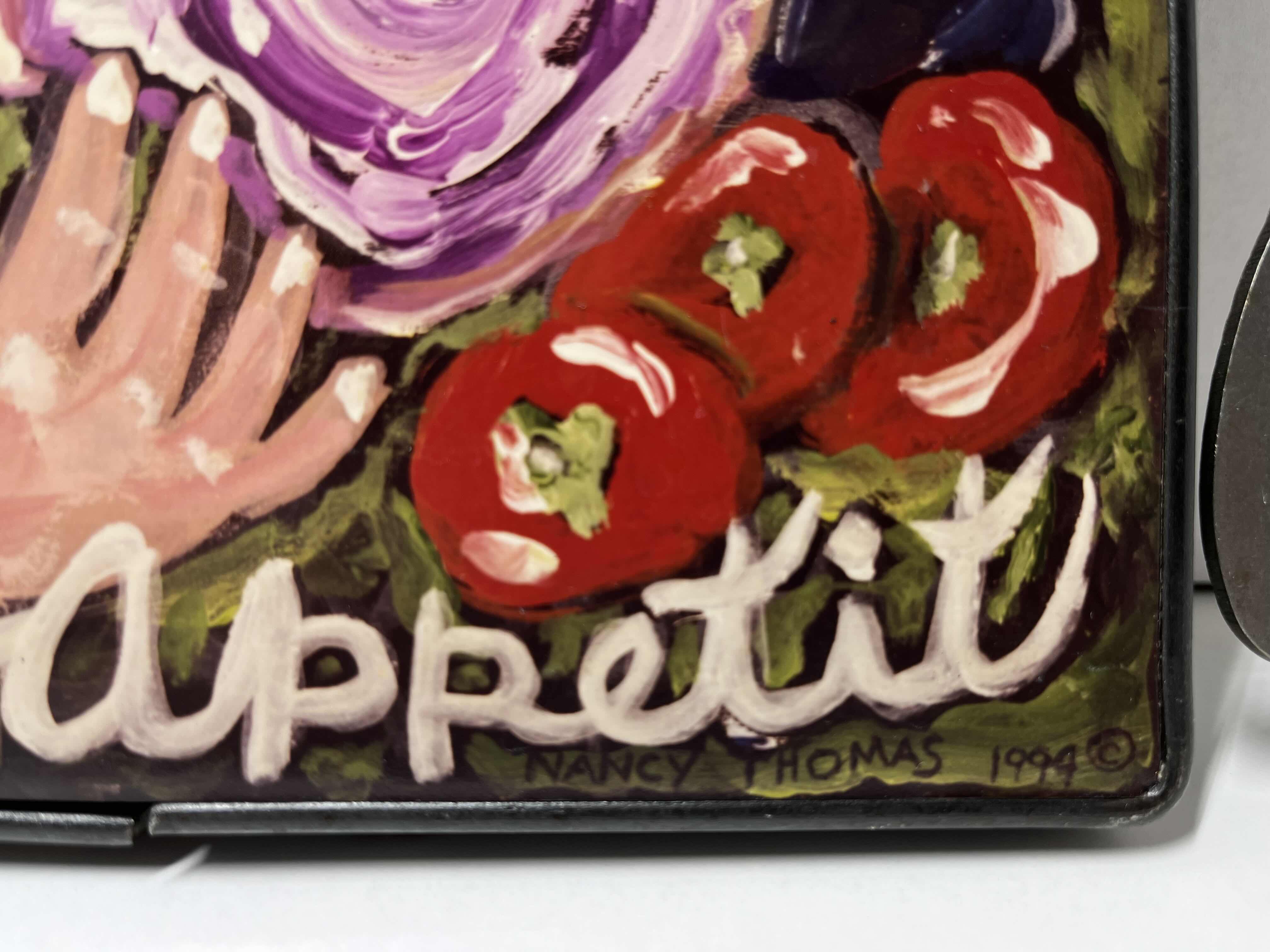 Photo 1 of BON APPETIT METAL FRAMED WOOD HAND PAINTED WALL ART SIGNED BY NANCY THOMAS 1994 10.75” X 9”