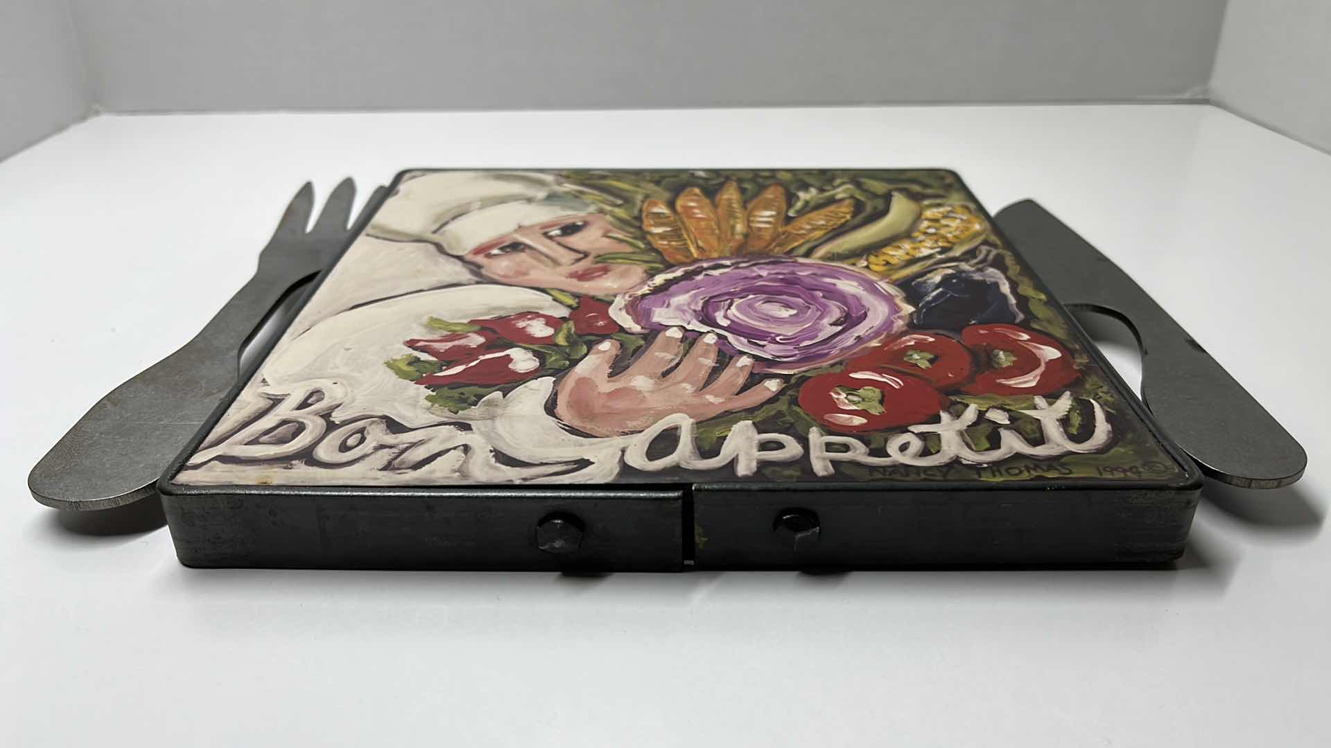 Photo 1 of BON APPETIT METAL FRAMED WOOD HAND PAINTED WALL ART SIGNED BY NANCY THOMAS 1994 10.75” X 9”