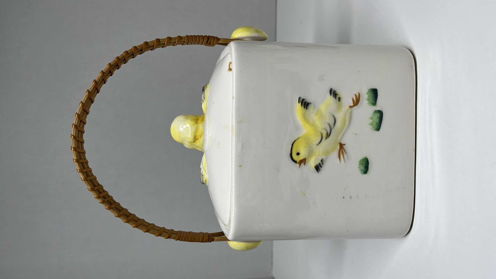 Photo 4 of JAPANESE HAND PAINTED CERAMIC SET- ROOSTER & CHICK BISCUIT COOKIE JAR W LID 5.5” X 7” W ROOSTER TEA CADDY W LID 6” X 4” H3.5”