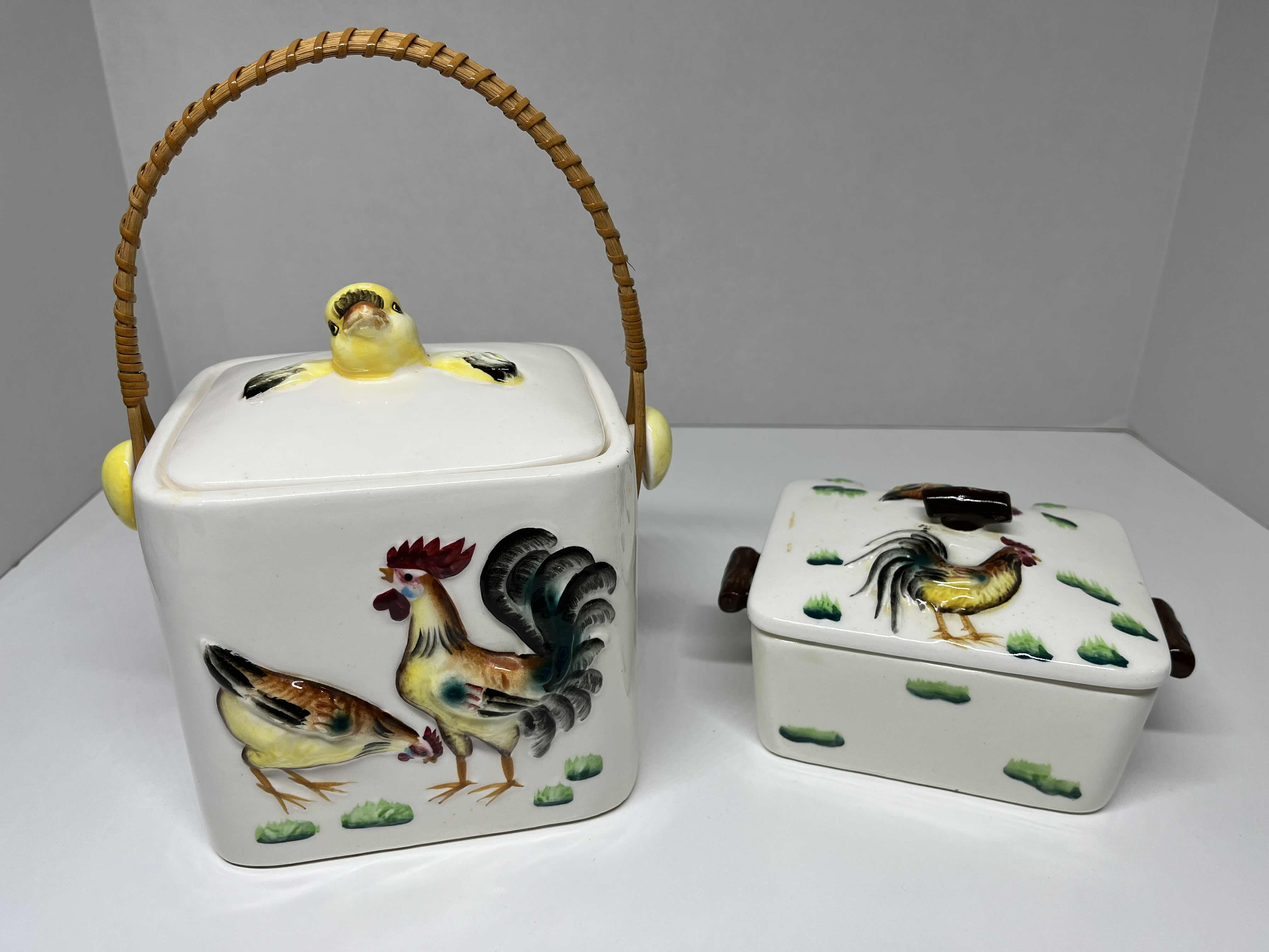 Photo 1 of JAPANESE HAND PAINTED CERAMIC SET- ROOSTER & CHICK BISCUIT COOKIE JAR W LID 5.5” X 7” W ROOSTER TEA CADDY W LID 6” X 4” H3.5”
