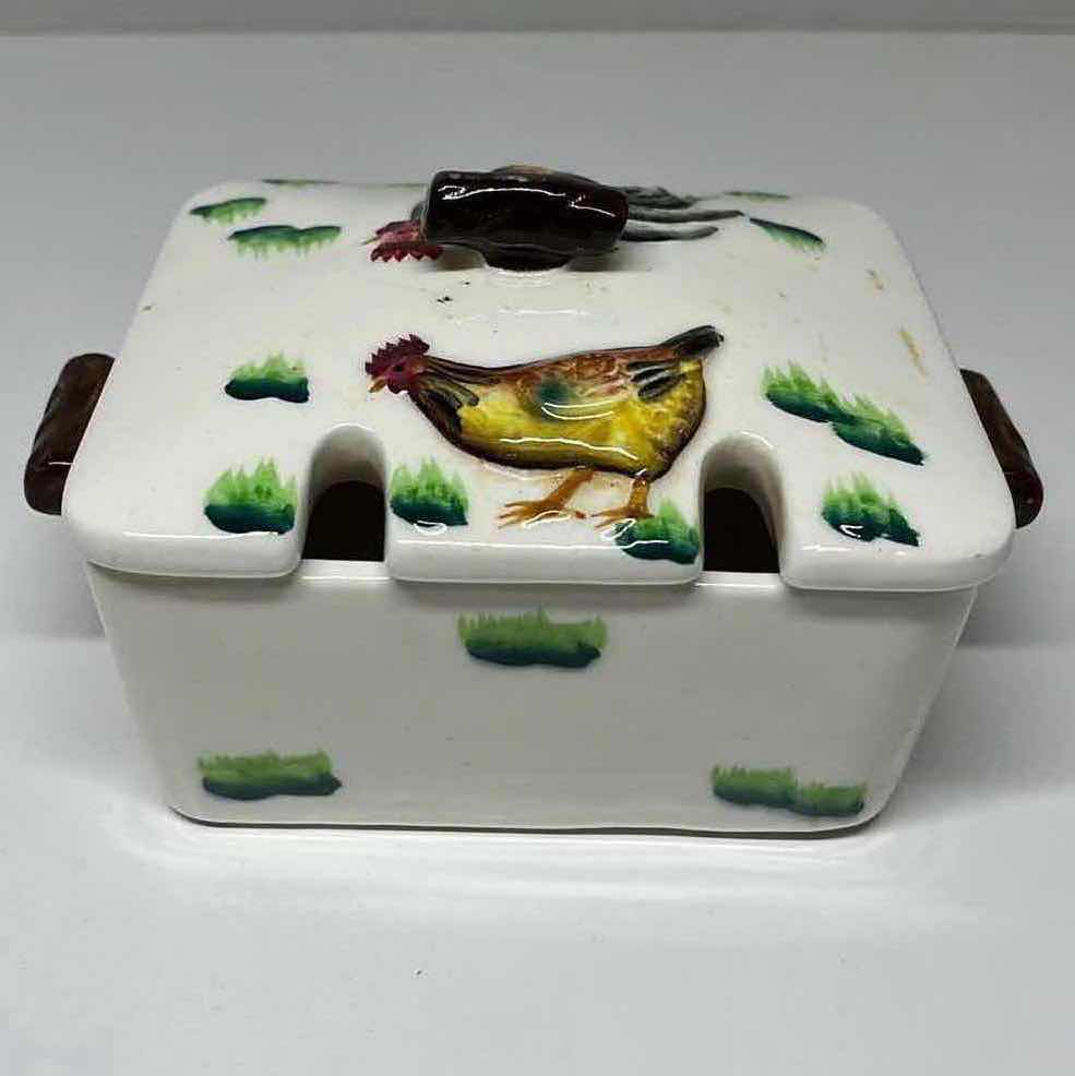 Photo 9 of JAPANESE HAND PAINTED CERAMIC SET- ROOSTER & CHICK BISCUIT COOKIE JAR W LID 5.5” X 7” W ROOSTER TEA CADDY W LID 6” X 4” H3.5”