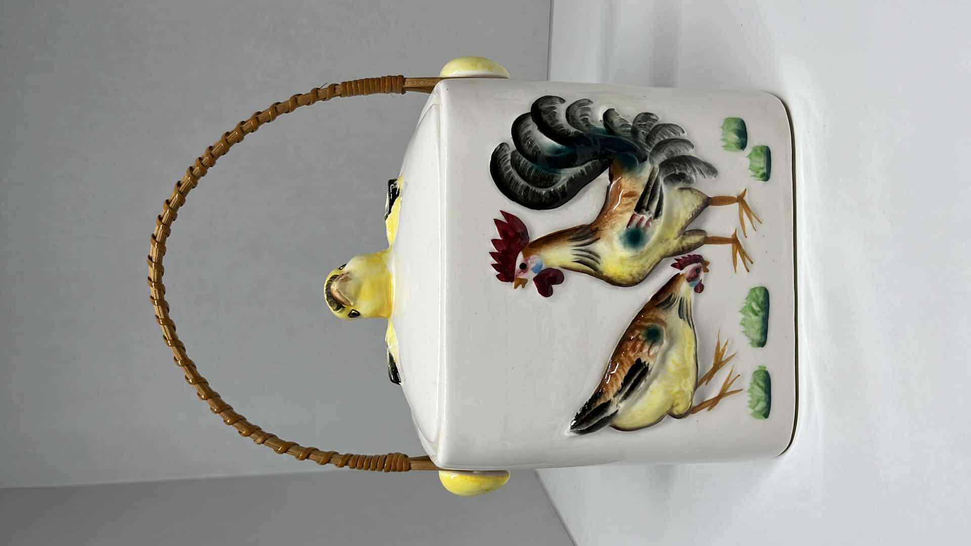 Photo 2 of JAPANESE HAND PAINTED CERAMIC SET- ROOSTER & CHICK BISCUIT COOKIE JAR W LID 5.5” X 7” W ROOSTER TEA CADDY W LID 6” X 4” H3.5”