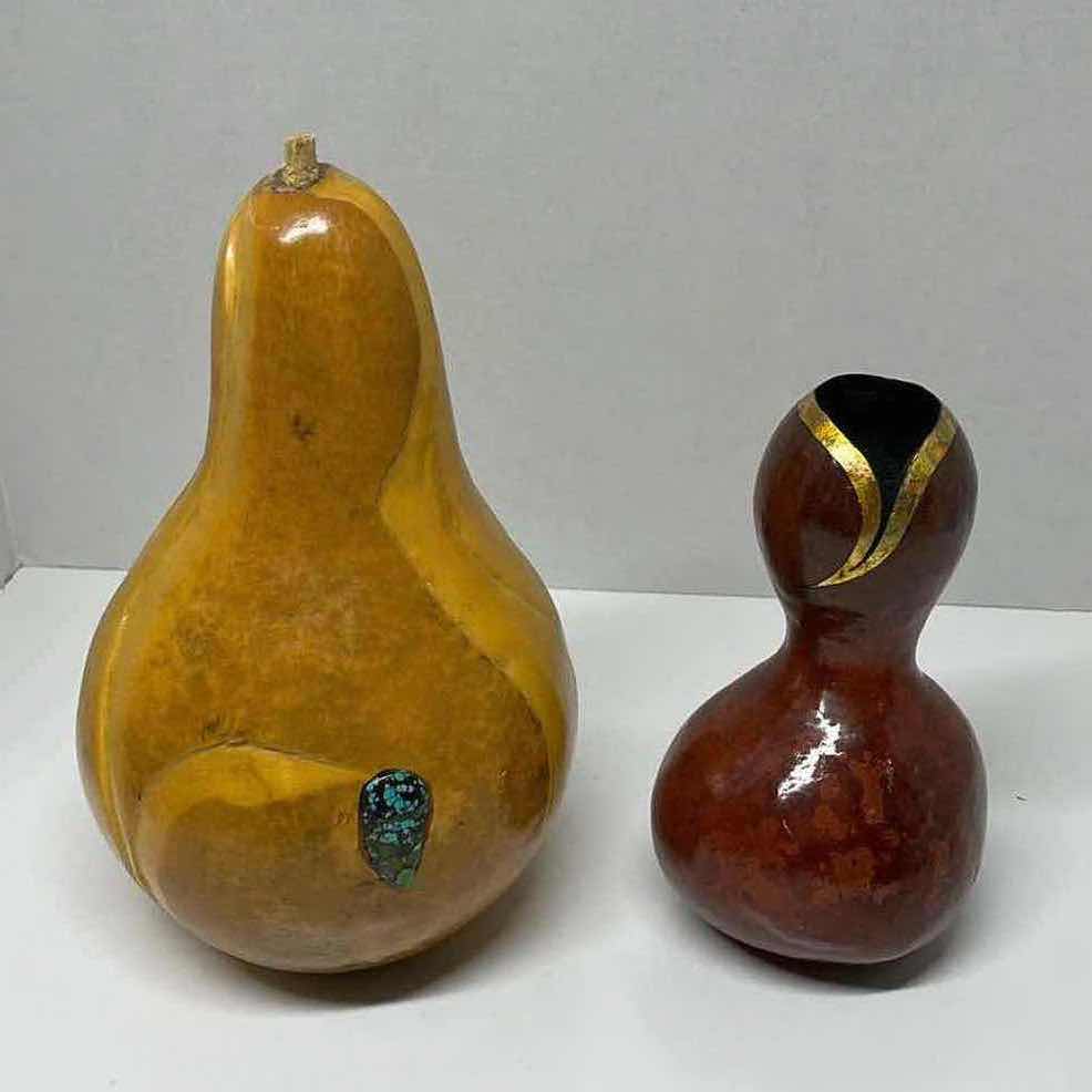 Photo 1 of HANDCRAFTED & PAINTED GOURD ART 5” X 9” W HANDCRAFTED & PAINTED GOURD SAKE BOTTLE 3.5” X 6.5”