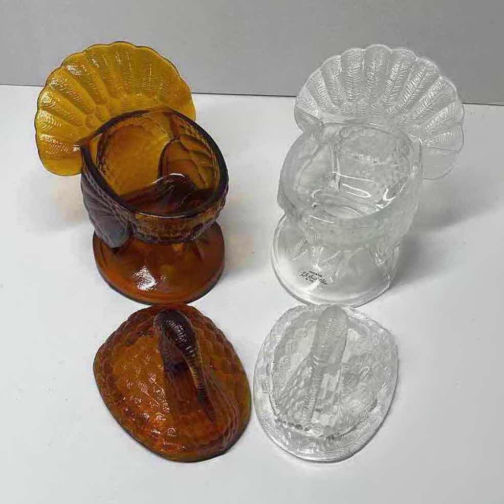 Photo 7 of L.E. SMITH AMBER GLASS & CLEAR GLASS TURKEY CANDY JARS 6.5” X 7” W WILLIAMS SONOMA GLASS BUNNY CANDY JAR 5.5” X 4.5”