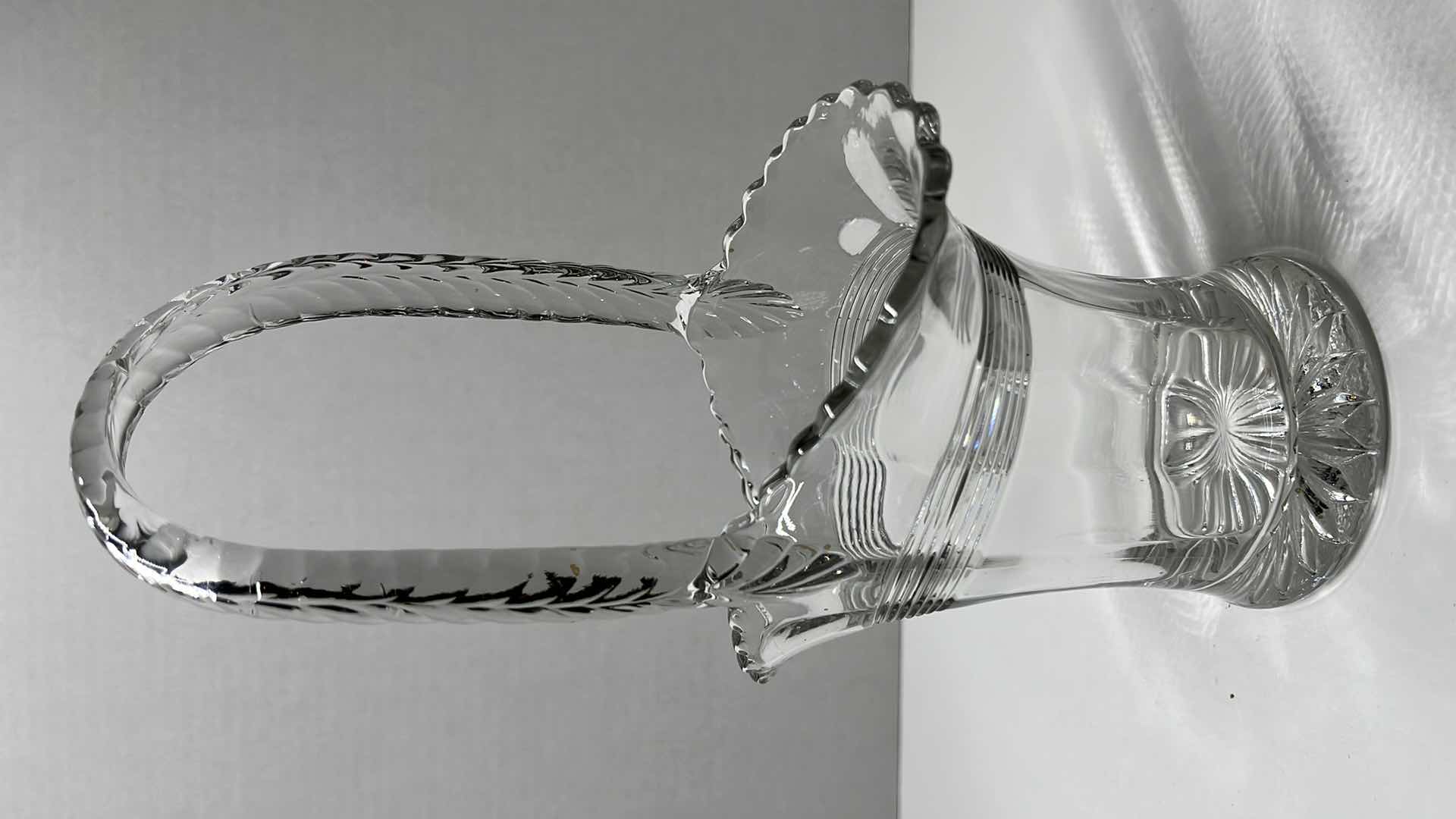 Photo 1 of DUNCAN MILLER CLEAR GLASS BASKET VASE 6” X 3.5” H9.5”