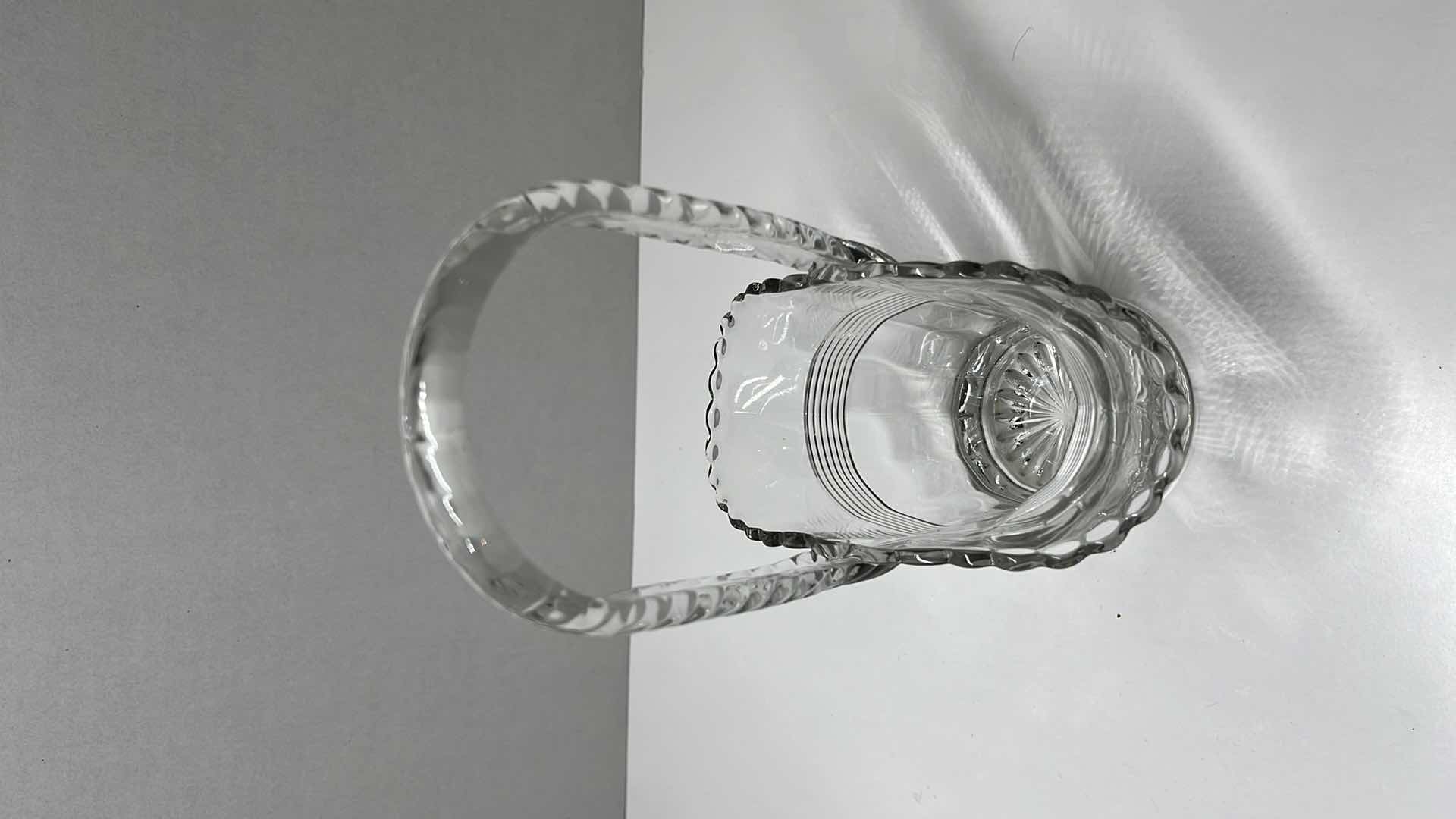 Photo 1 of DUNCAN MILLER CLEAR GLASS BASKET VASE 6” X 3.5” H9.5”