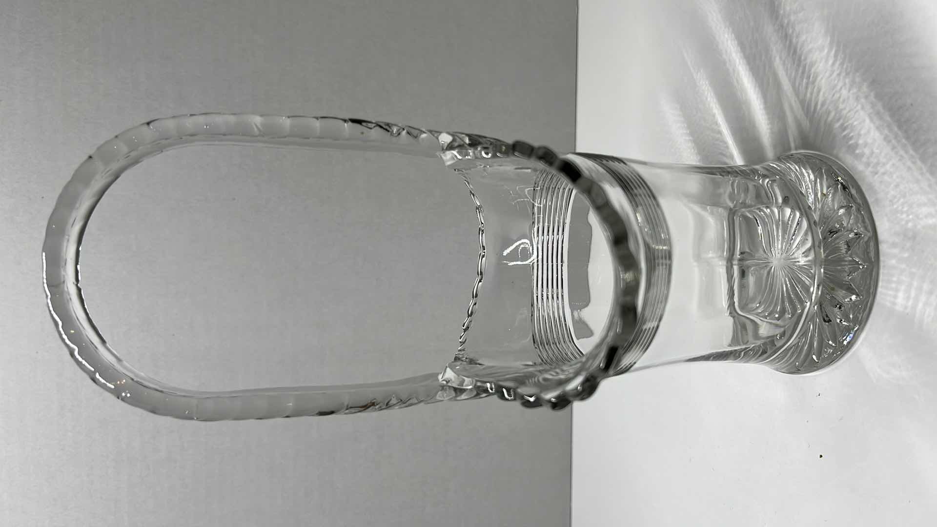 Photo 1 of DUNCAN MILLER CLEAR GLASS BASKET VASE 6” X 3.5” H9.5”