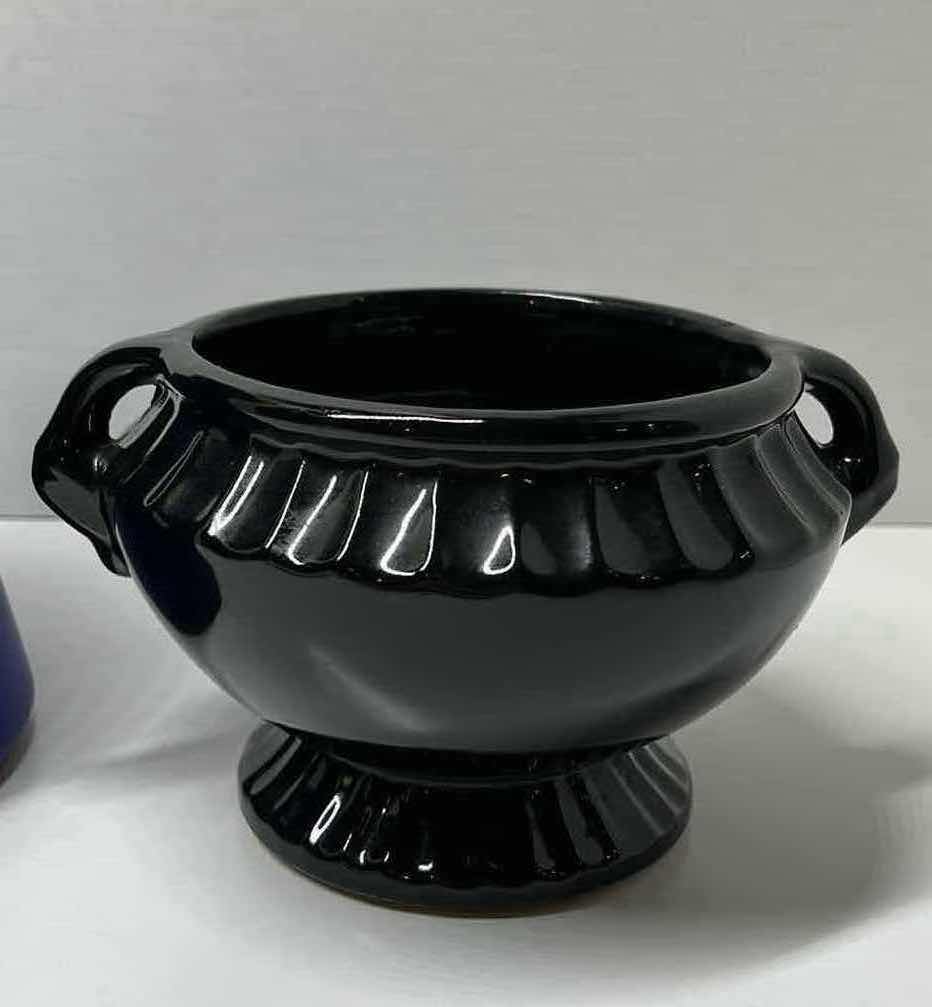 Photo 1 of BLUE CERAMIC VASE W YELLOW FAUX FLOWERS H7” & BLACK CERAMIC VASE H4”