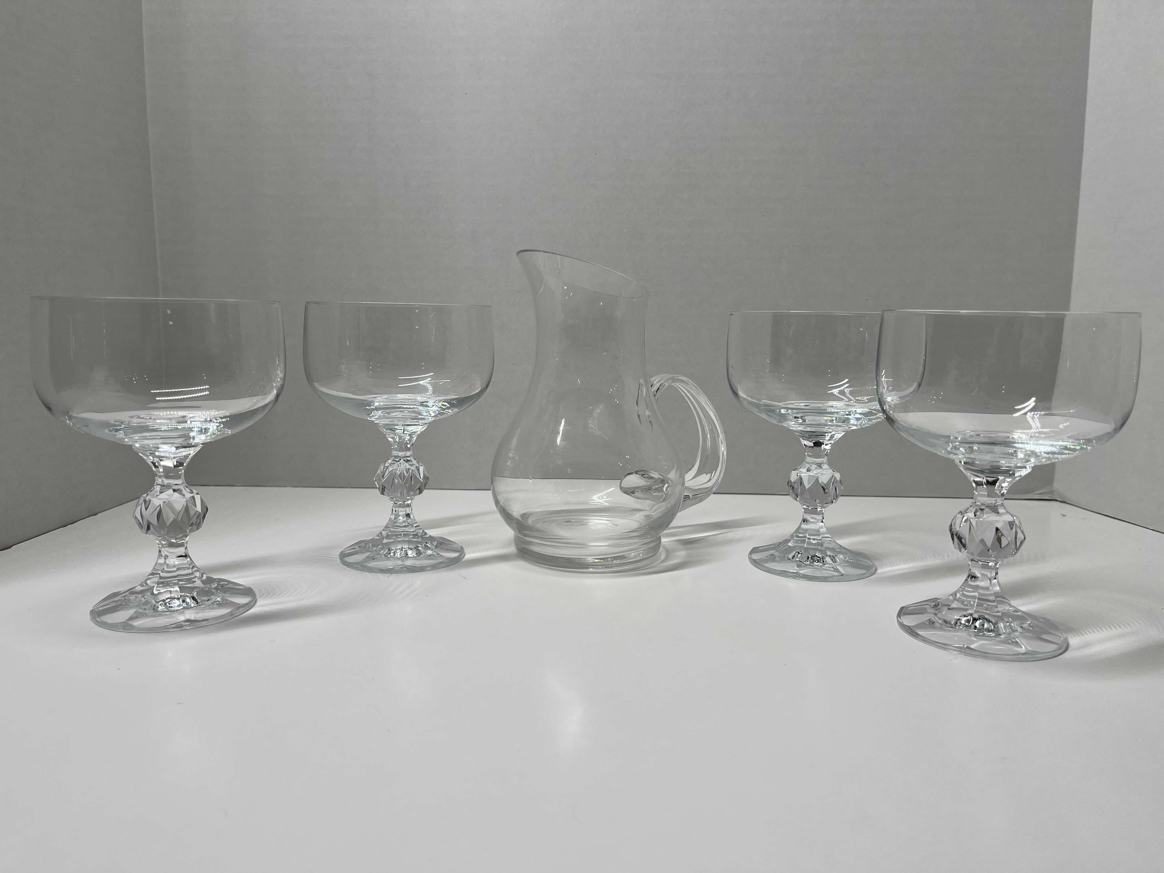 Photo 1 of LENOX GLASS CARAFE H6” & IMPORT ASSOC CLAUDIA TALL SHERBET CHAMPAGNE GLASSES (4) H5”