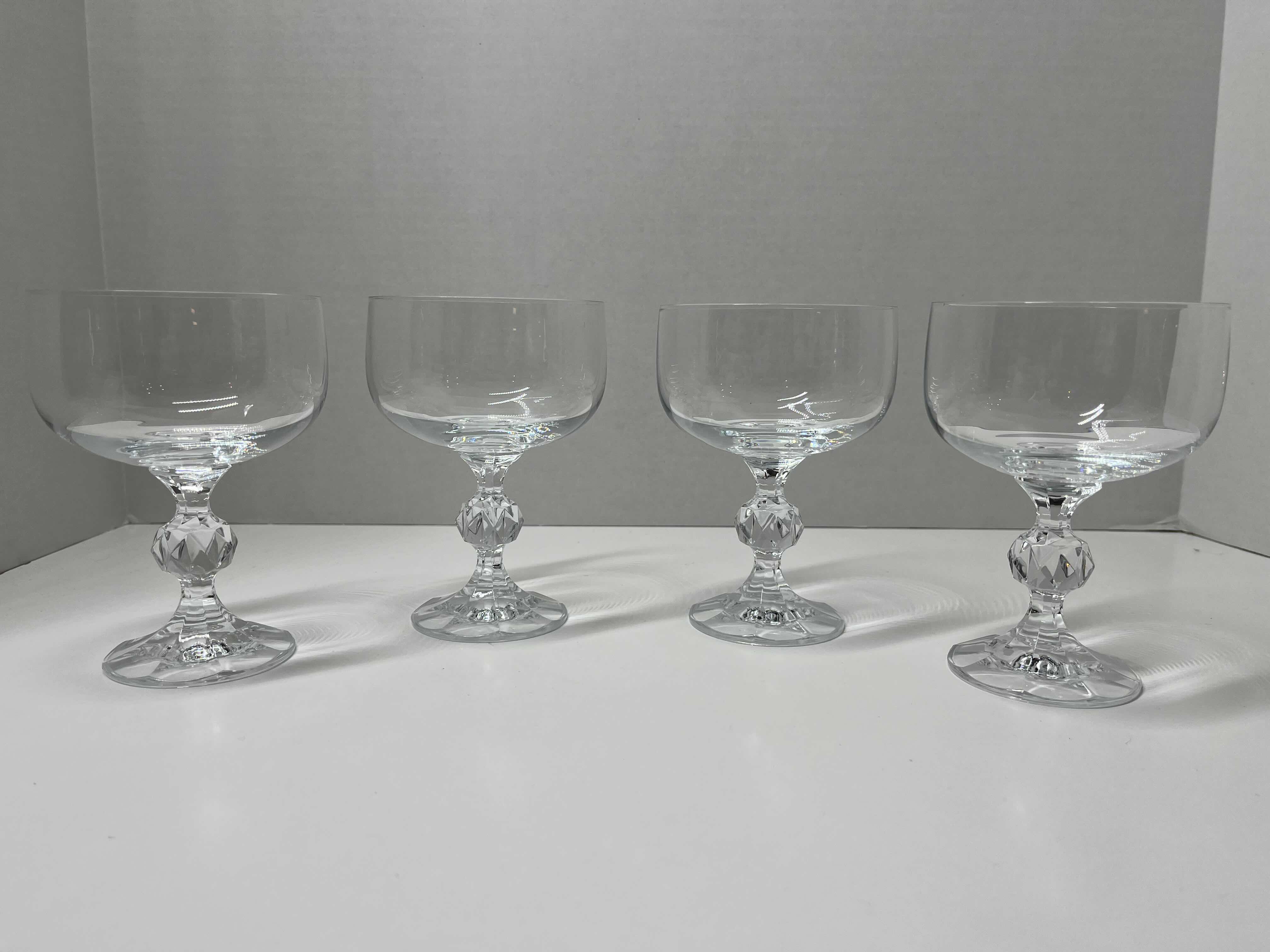 Photo 1 of LENOX GLASS CARAFE H6” & IMPORT ASSOC CLAUDIA TALL SHERBET CHAMPAGNE GLASSES (4) H5”