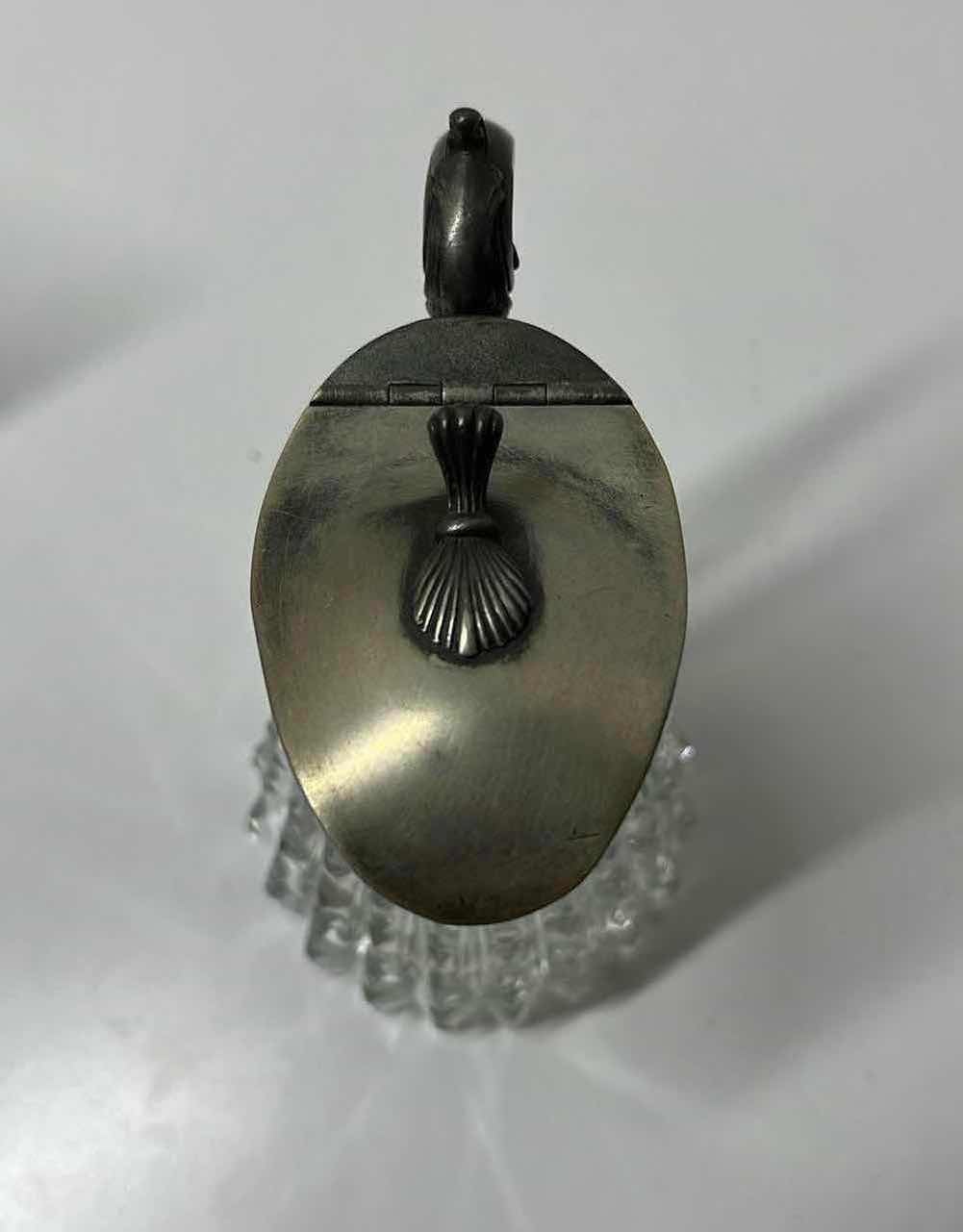 Photo 1 of ANTIQUE SILVER LID GLASS SYRUP DISPENSER 4” X 3” H5”