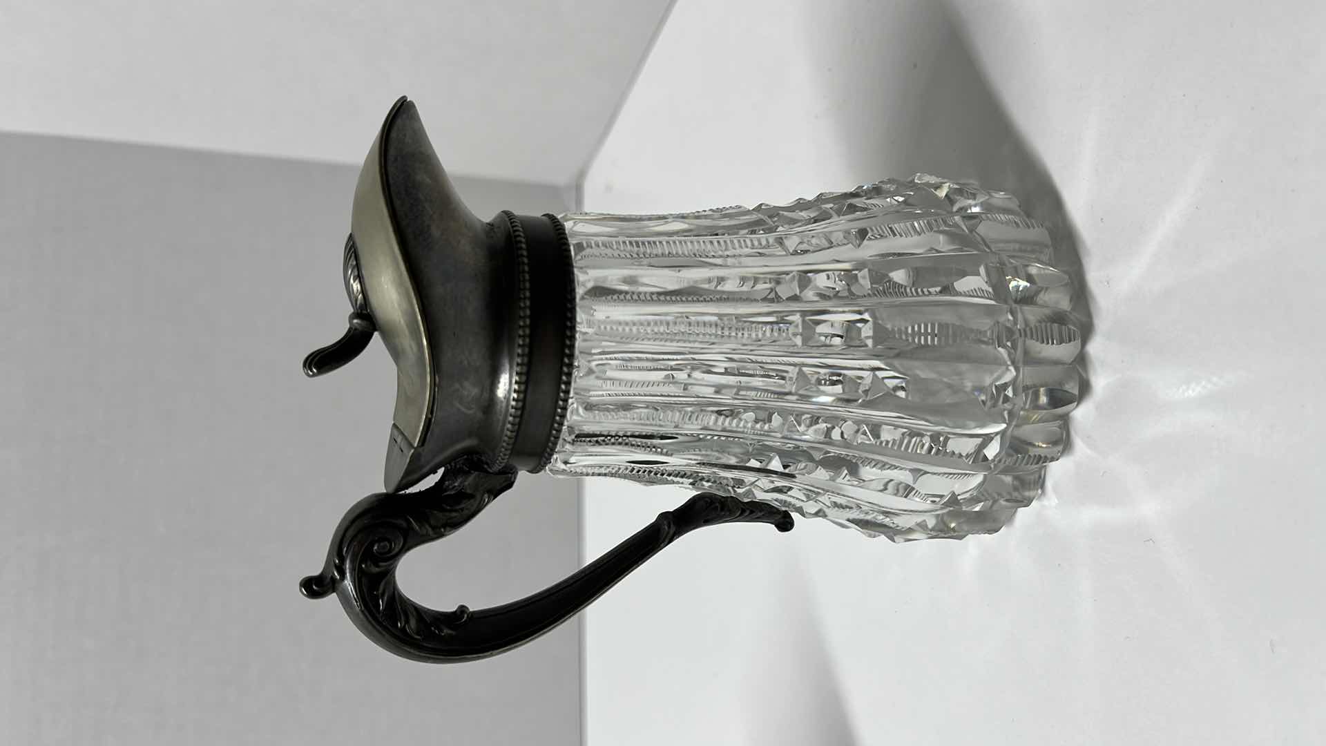 Photo 1 of ANTIQUE SILVER LID GLASS SYRUP DISPENSER 4” X 3” H5”