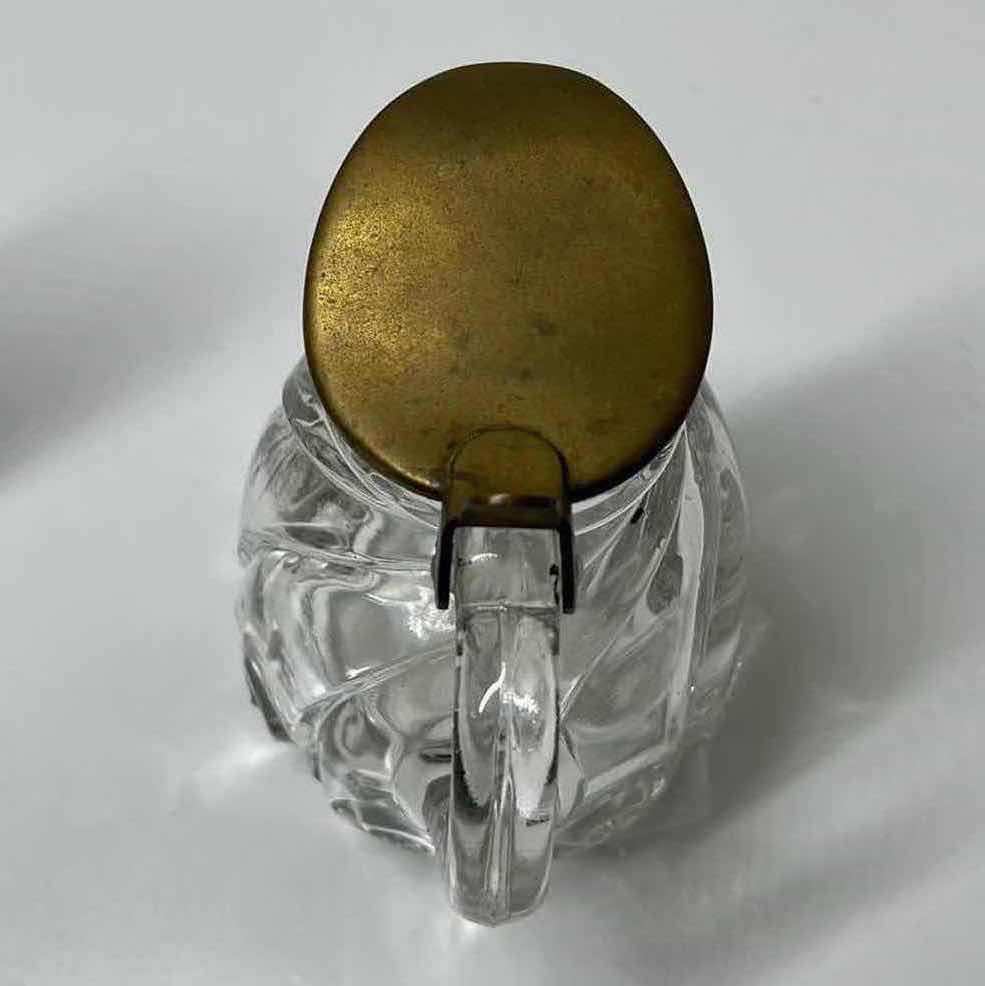 View 6 of ANTIQUE GEORGE DUNCAN BRASS LID GLASS MOLASSES DISPENSER 3.5” X 5”