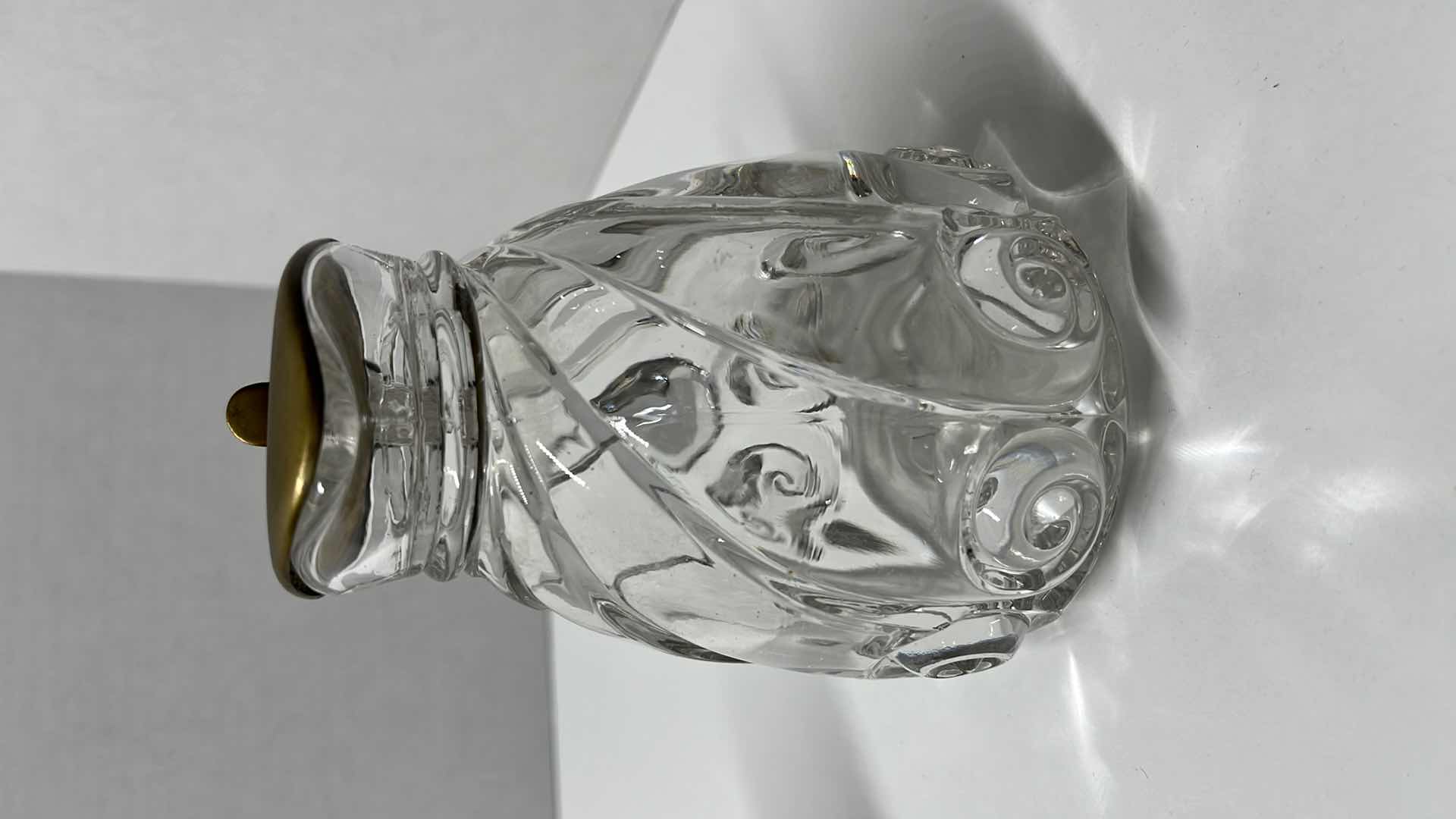 View 2 of ANTIQUE GEORGE DUNCAN BRASS LID GLASS MOLASSES DISPENSER 3.5” X 5”