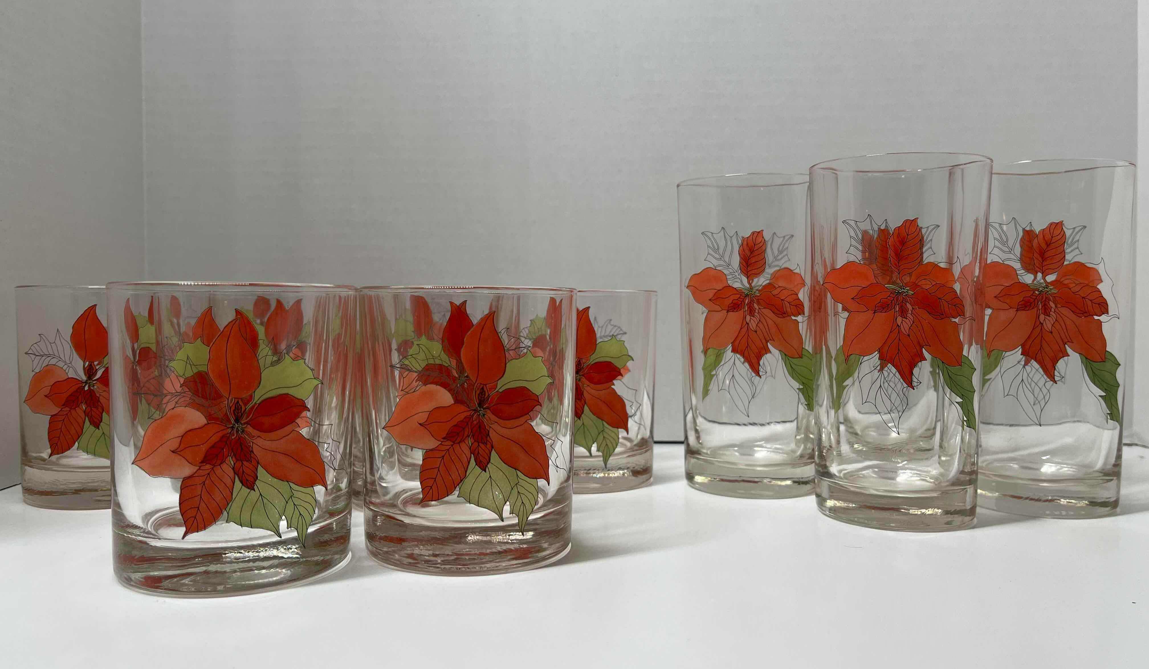 Photo 1 of CRISTAL PORTUGAL POINSETTIAS LOW BALL & TALL DRINKING GLASSWARE (12)