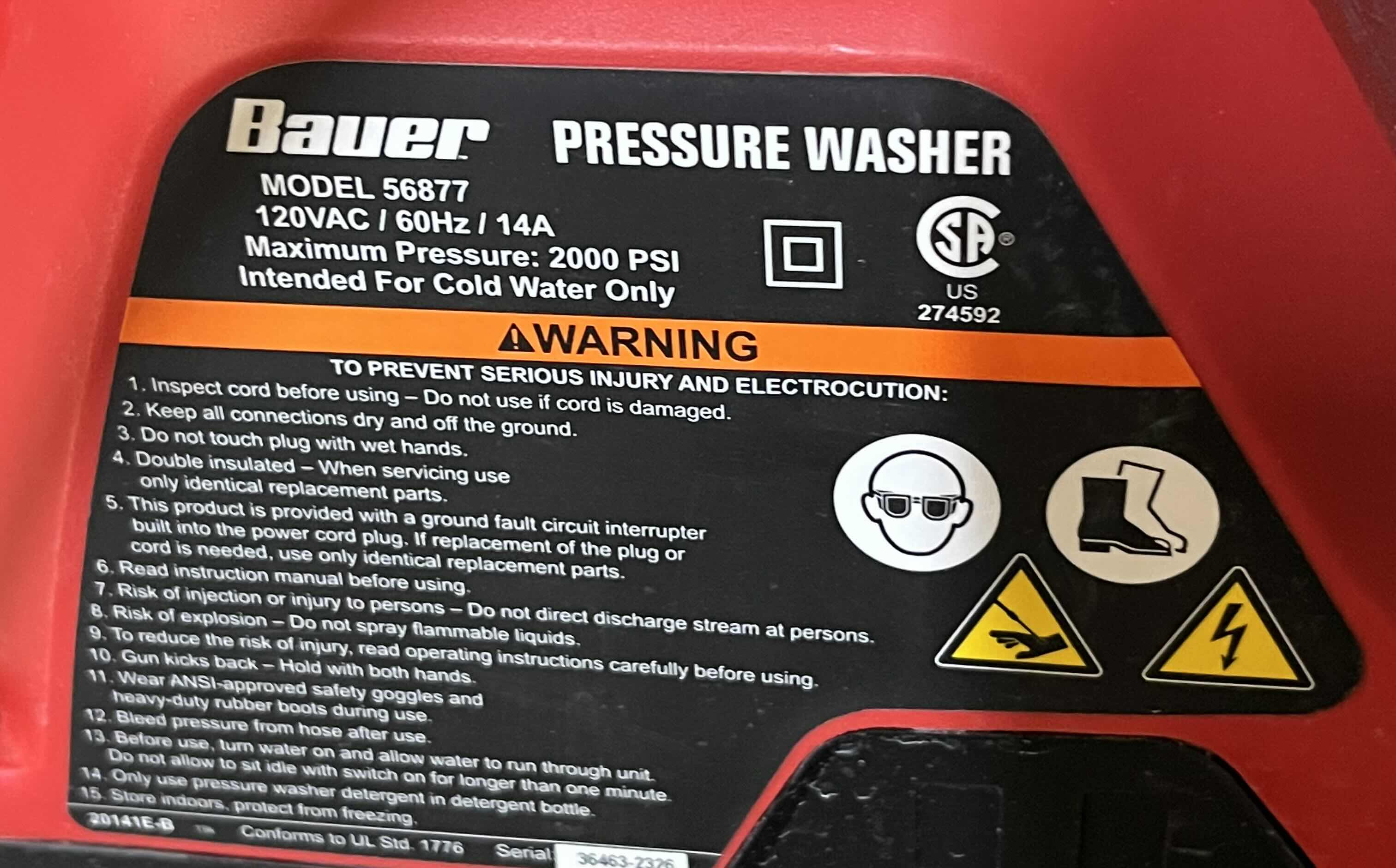 Photo 1 of BAUER 2000PSI ELECTRIC PRESSURE WASHER MODEL 56877