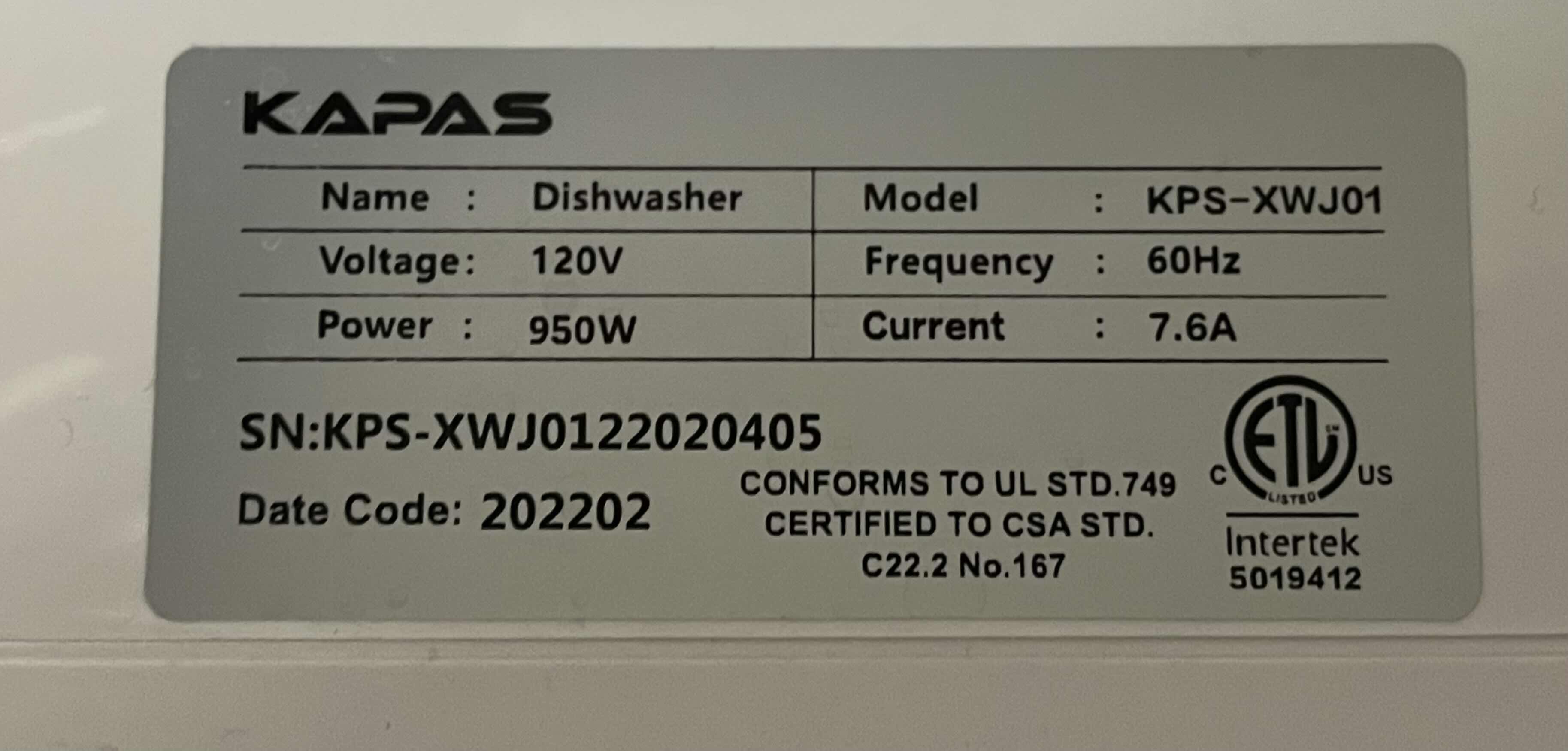 Photo 6 of KAPAS COMPACT COUNTERTOP PORTABLE DISHWASHER MODEL KPS-XWJ01