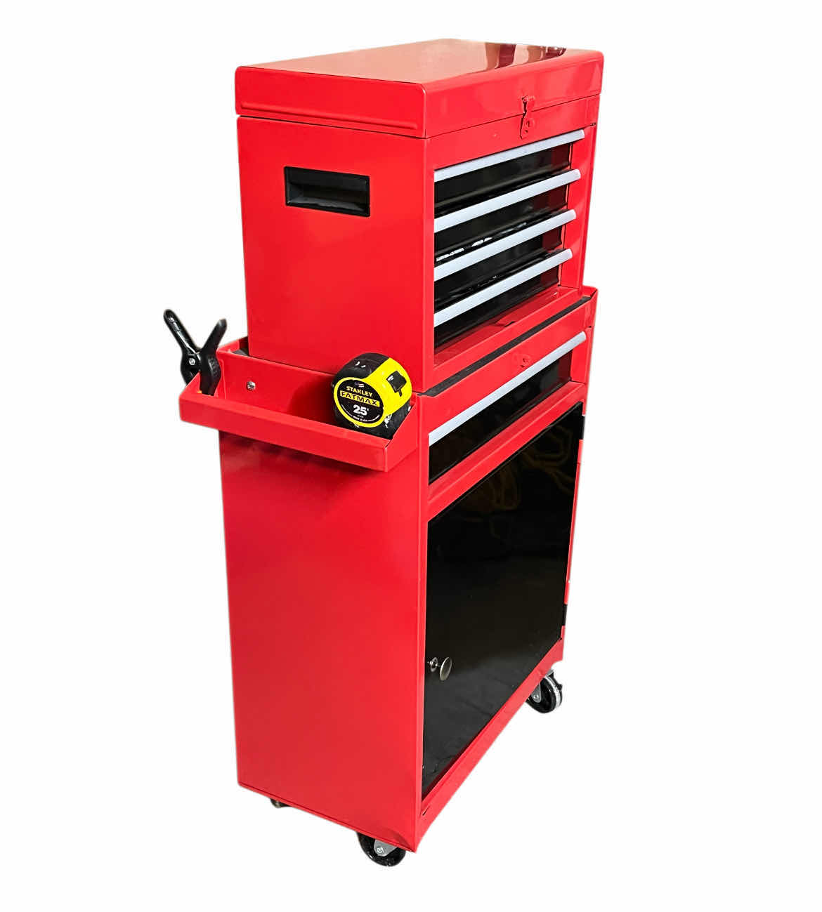 Photo 2 of RED & BLACK 5 DRAWER ROLLING METAL TOOL CHEST W VARIOUS TOOLS & HARDWARE 23” X 11” H40”