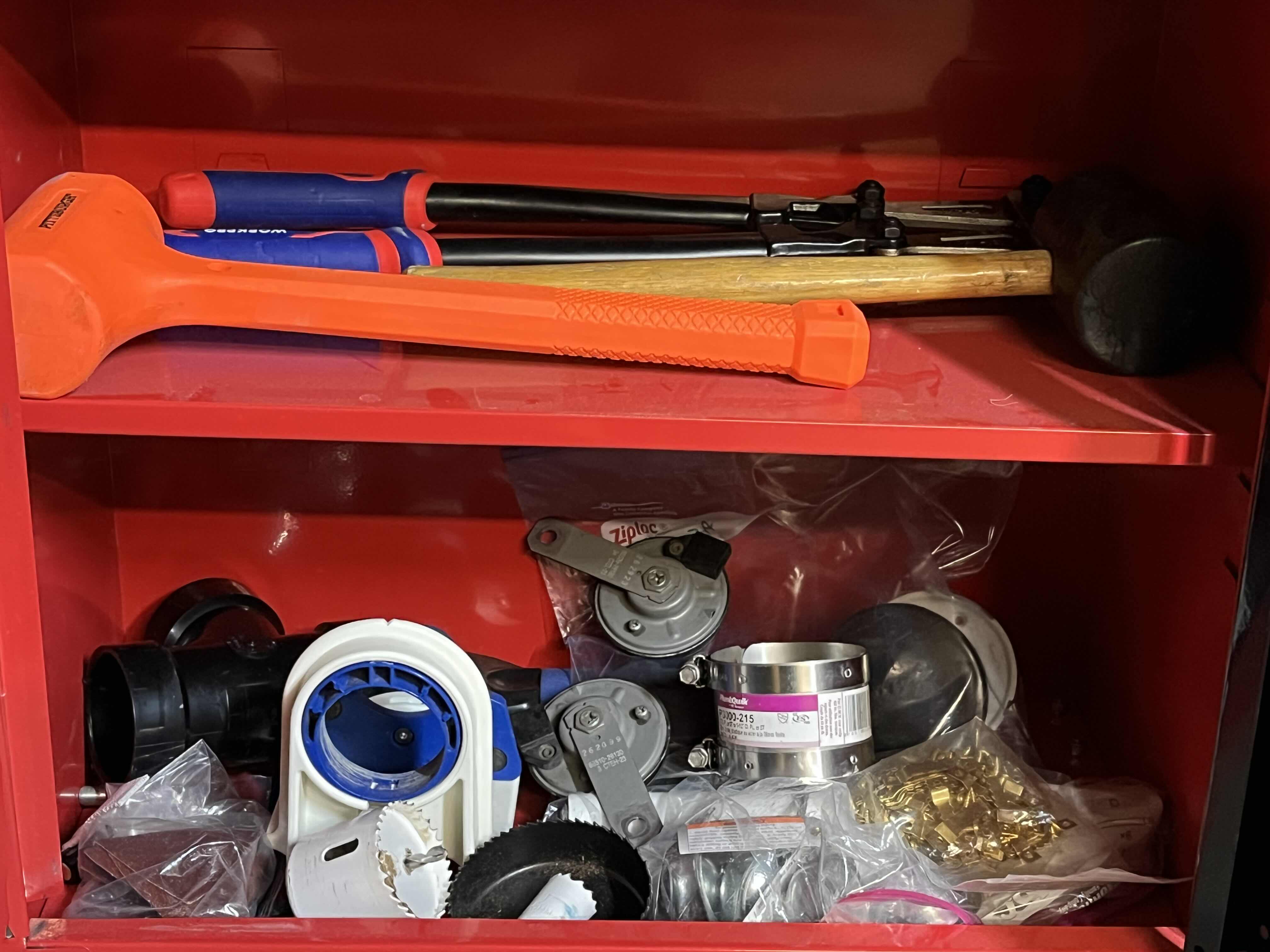 Photo 9 of RED & BLACK 5 DRAWER ROLLING METAL TOOL CHEST W VARIOUS TOOLS & HARDWARE 23” X 11” H40”