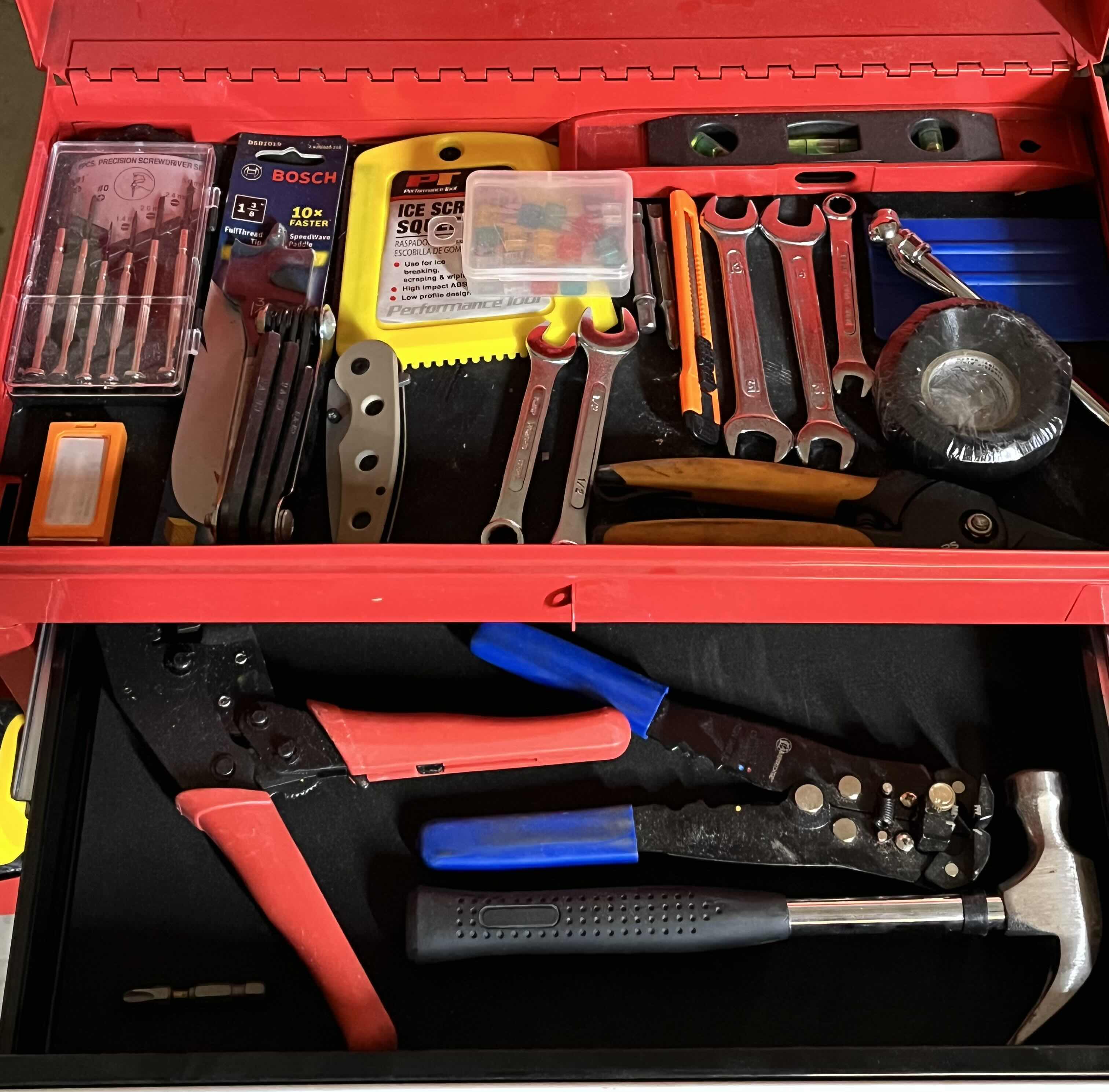 Photo 1 of RED & BLACK 5 DRAWER ROLLING METAL TOOL CHEST W VARIOUS TOOLS & HARDWARE 23” X 11” H40”