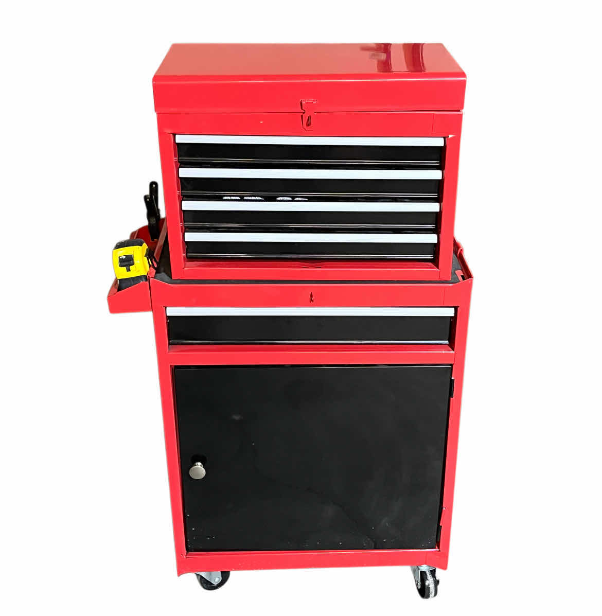 Photo 1 of RED & BLACK 5 DRAWER ROLLING METAL TOOL CHEST W VARIOUS TOOLS & HARDWARE 23” X 11” H40”