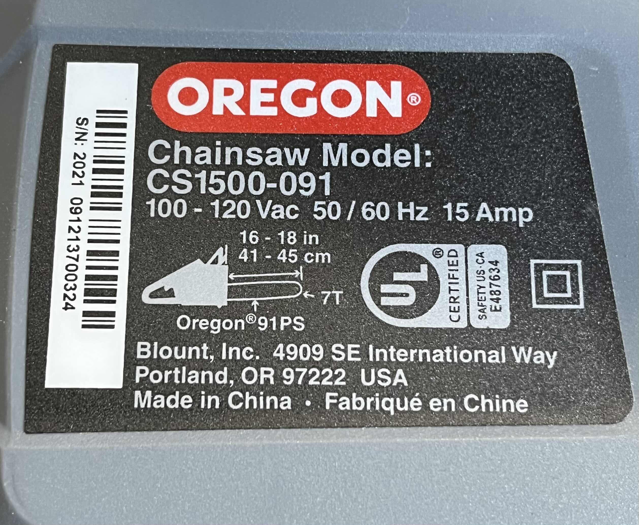 Photo 1 of NEW OREGON ELECTRIC CHAINSAW MODEL CS1500-091
