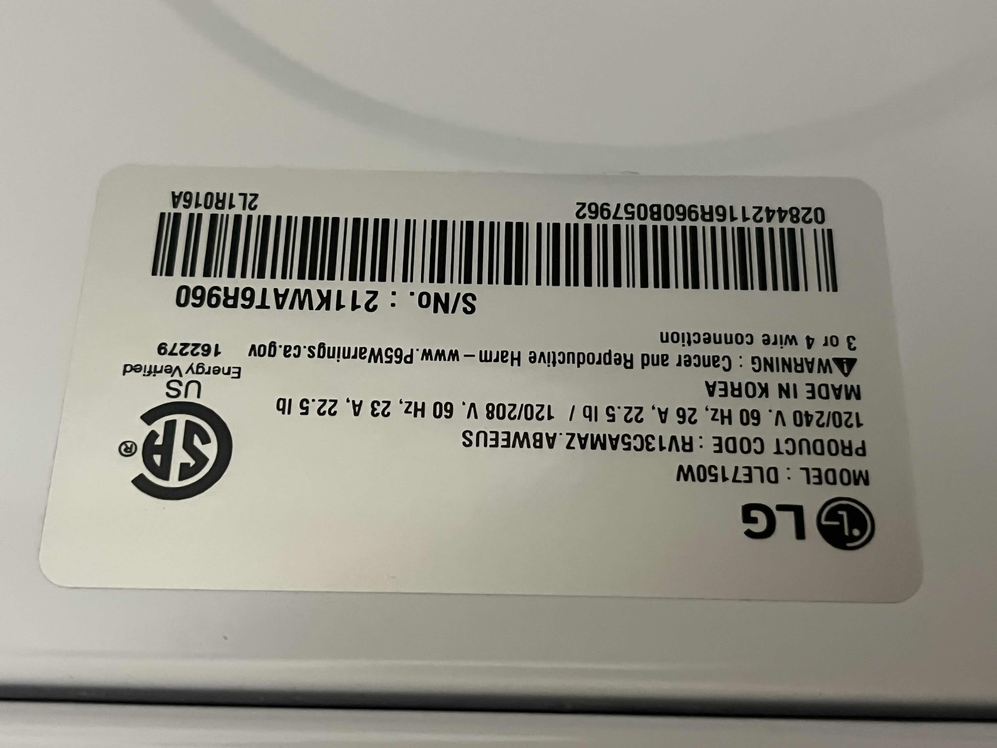 Photo 1 of LG SENSOR DRY TECHNOLOGY ELECTRIC DRYER DLE7150W