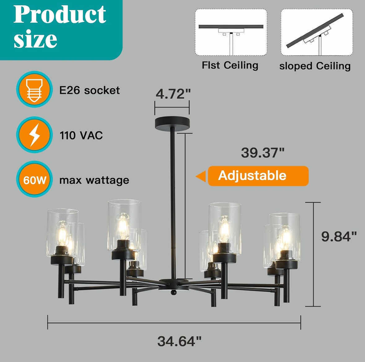 Photo 1 of FARMHOUSE BLACK FINISH 8-LIGHT CLEAR GLASS SHADES PENDANT LIGHT FIXTURE