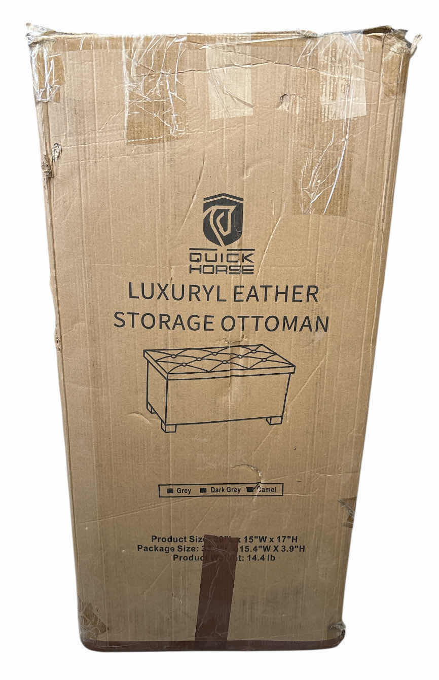 Photo 1 of QUICKHORSE CAMEL FINISH LEATHER LUXURY FOLDING STORAGE OTTOMAN 15” X 30” H17”