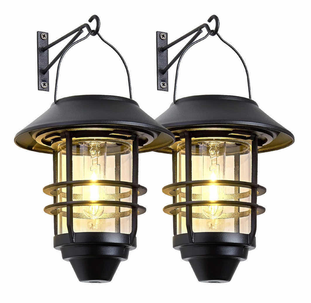 Photo 1 of SOLAR OUTDOOR BLACK FINISH WALL MOUNT HANGING LANTERN LIGHTS (2-PACK)